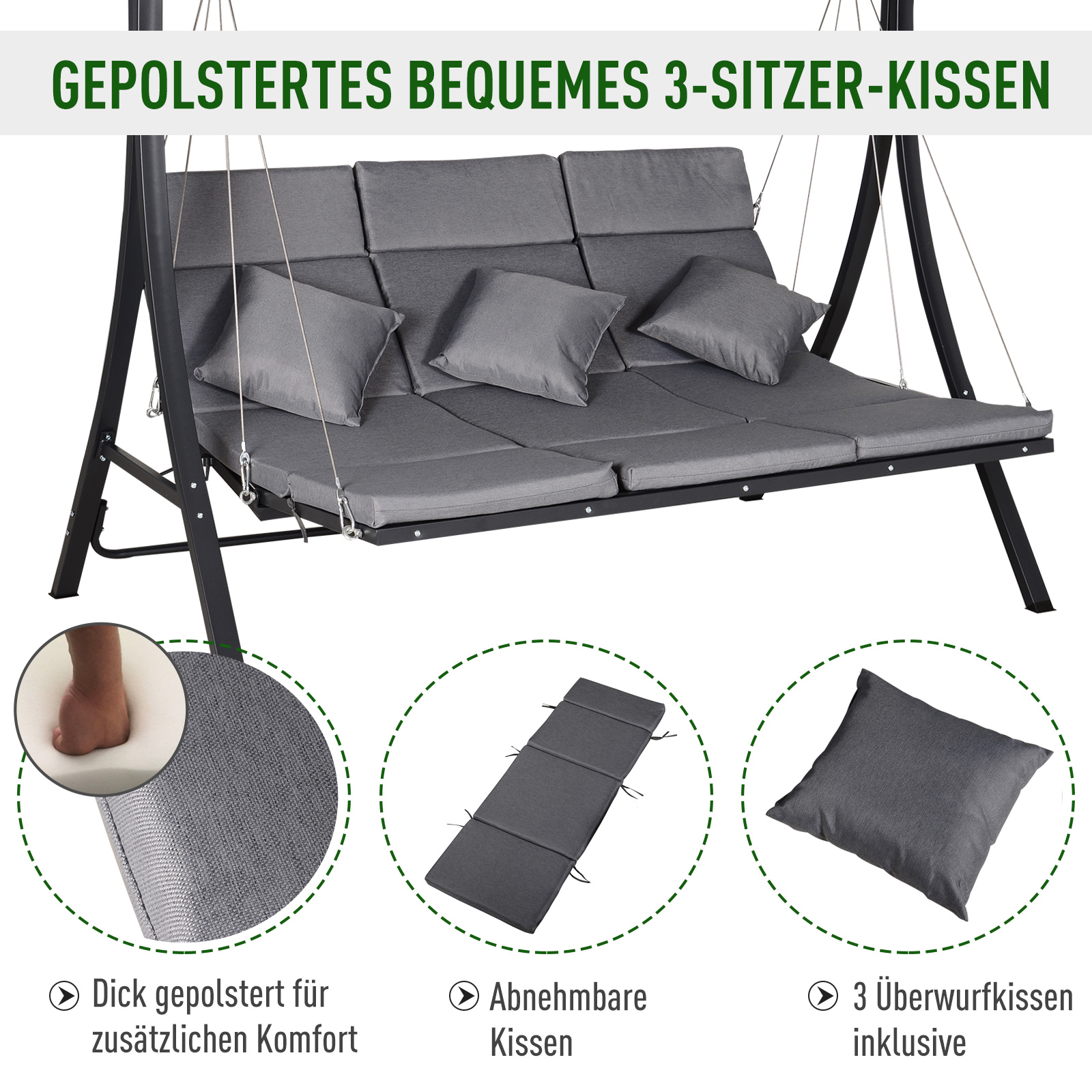 Hollywoodschommel 3-zitter tuinschommel verstelbaar dak Textileen grijs