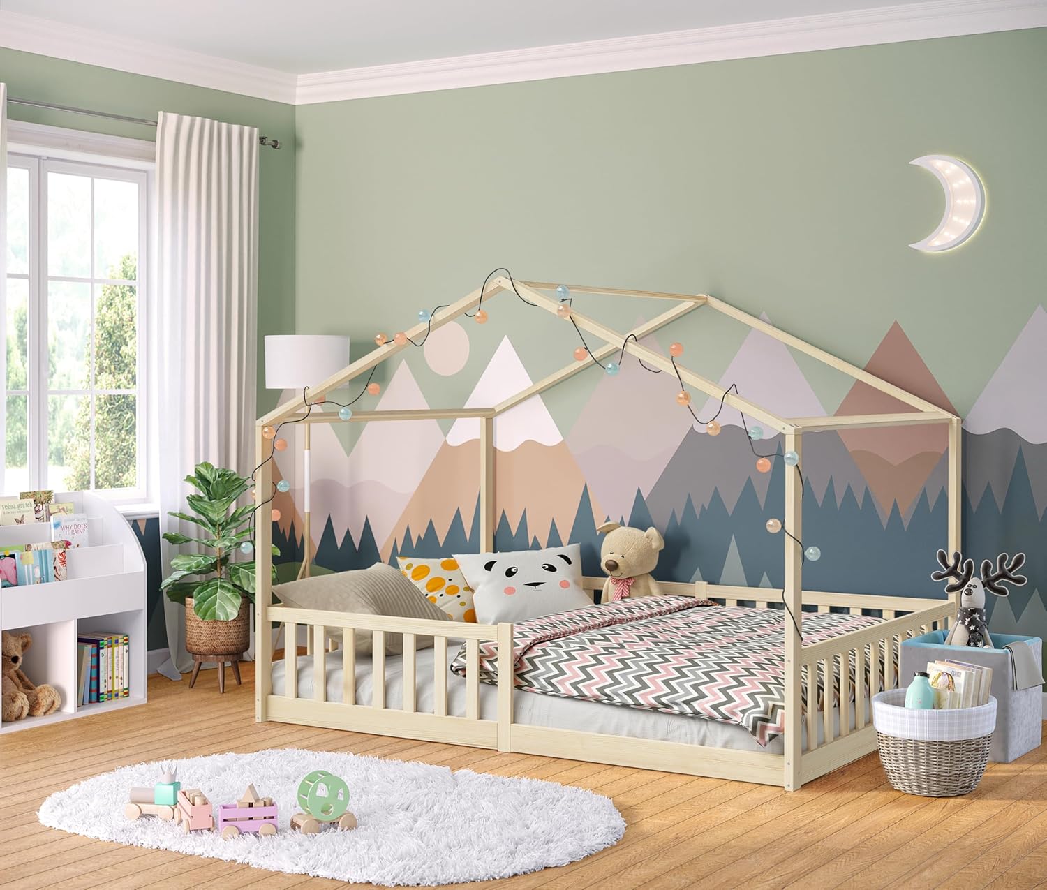 Bellabino Kinderbett Bia 140x200 cm, Hausbett Kinder inkl. Rausfallschutz und Rolllattenrost, Montessori Bodenbett weiß aus Massivholz Kiefer