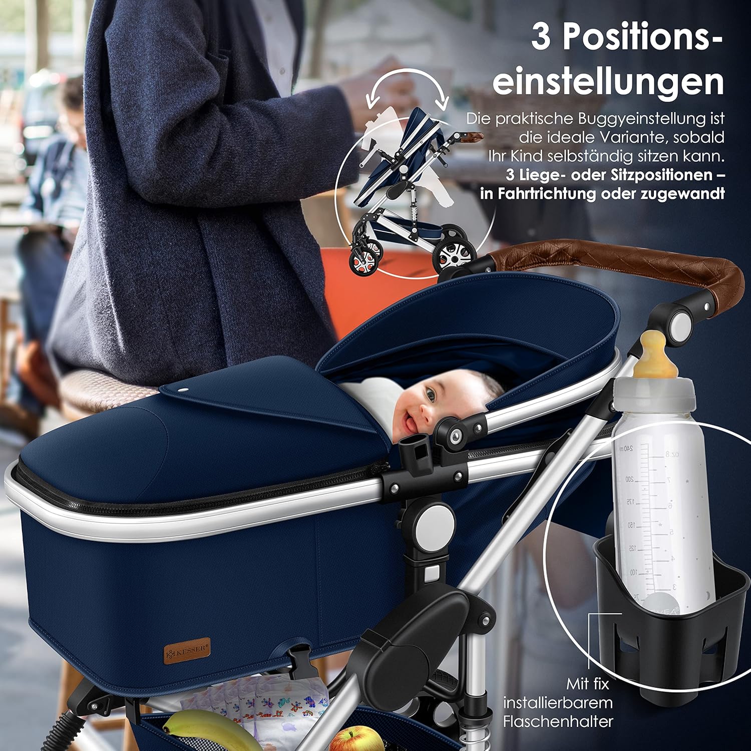KESSER® Loops 3 in 1 Kinderwagen Kombikinderwagen Komplett-Set inkl. Babywanne & Buggy Sportsitz & Auto-Babyschale Voll-Gummireifen Wickeltasche Regenschutz Kindertisch ECE R129, Schwarz/Champagne