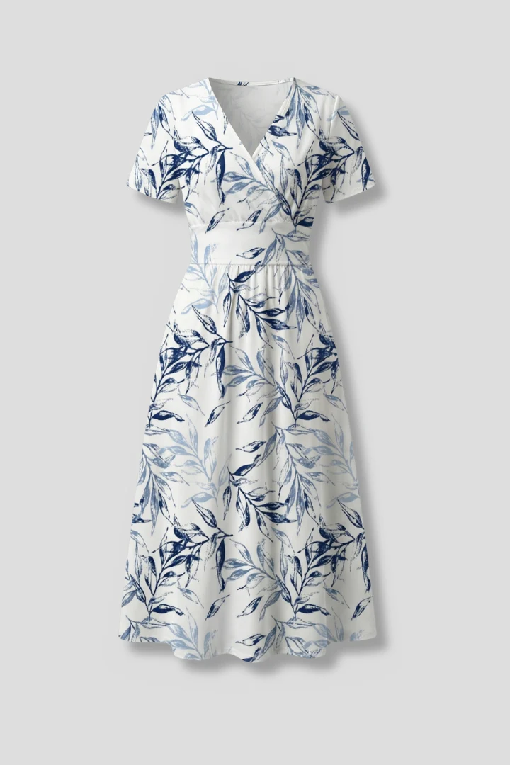 Damen Midikleid mit Blumenmuster und V-Ausschnitt | Tailliertes A-Linien Kleid mit kurzen ?rmeln in moderner Midi-L?nge