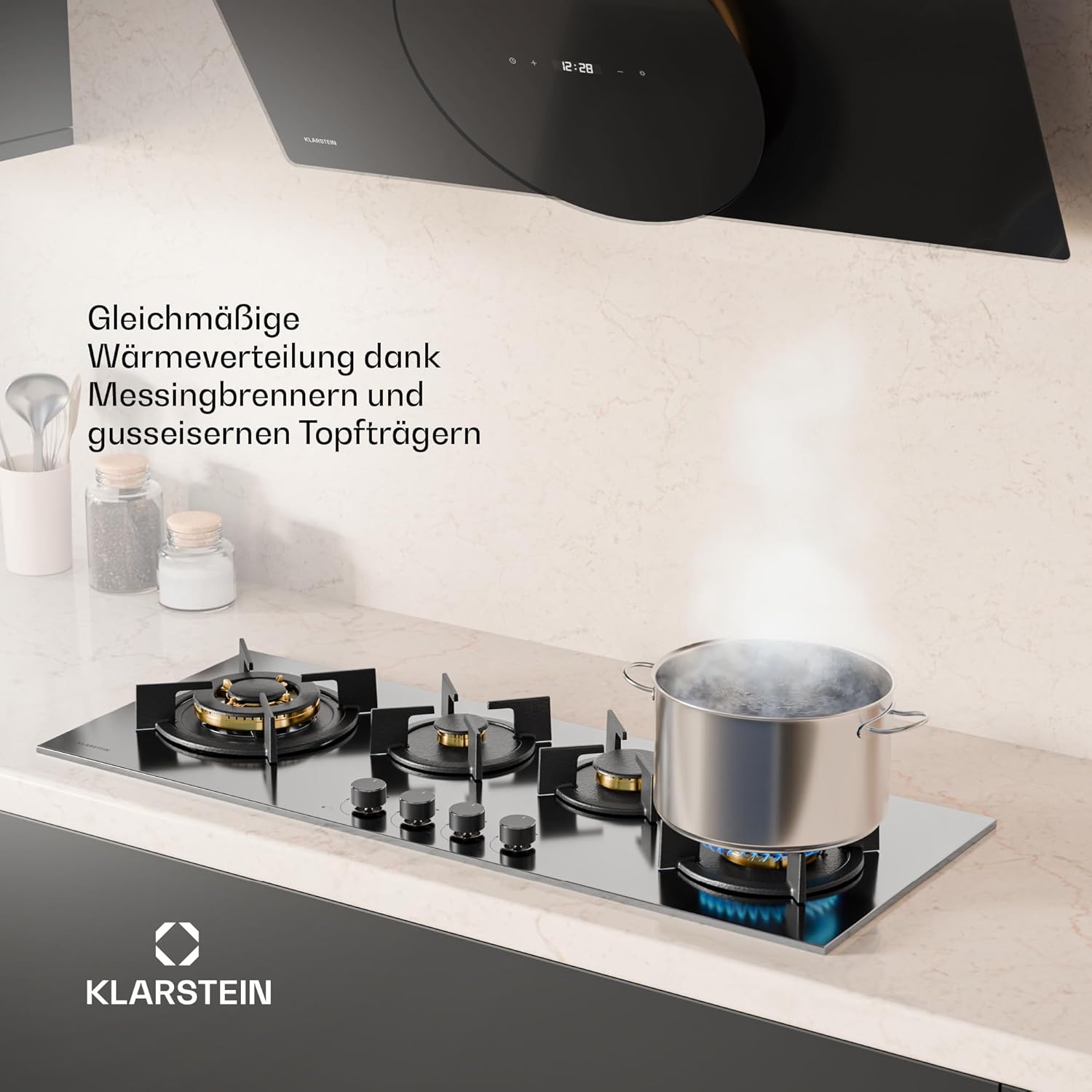 Klarstein Gasherd, Gaskochfeld 5 Flammen, Einbau-Gaskocher für Zuhause & Wohnmobil, Campingkocher mit Glasplatte, Gasherd für Propan- und Erdgas, Edelstahl Gas-Herdplatte Wok Brenner 10400 Watt