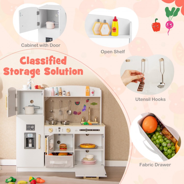 Wooden Kids Kitchen Playset with Chalkboard Ice Maker Sink Lighted Microwave