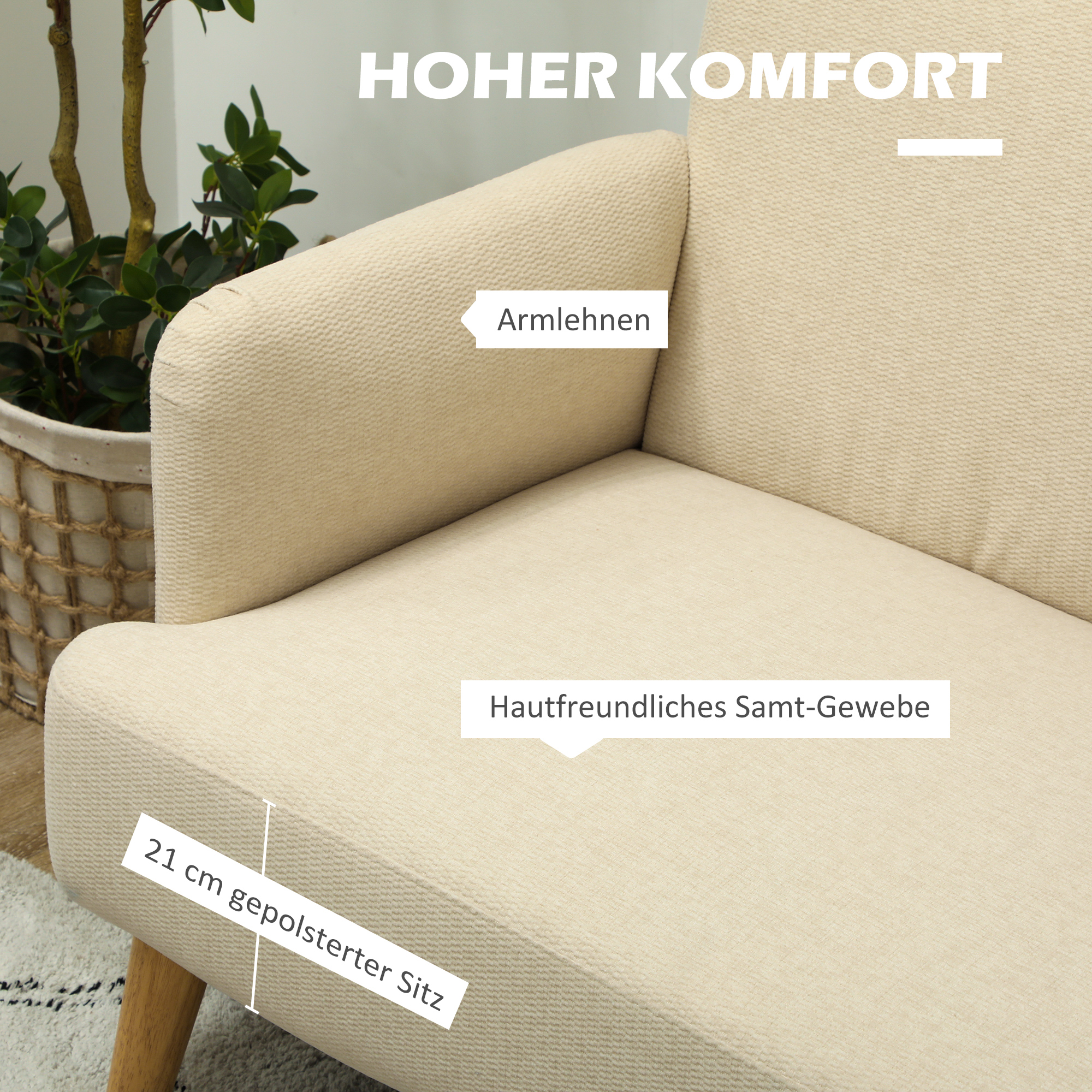 Tweezitsbank, Compact, Huidvriendelijke Bekleding, Tot 240 kg, 130x74x79 cm, Cr��mewit