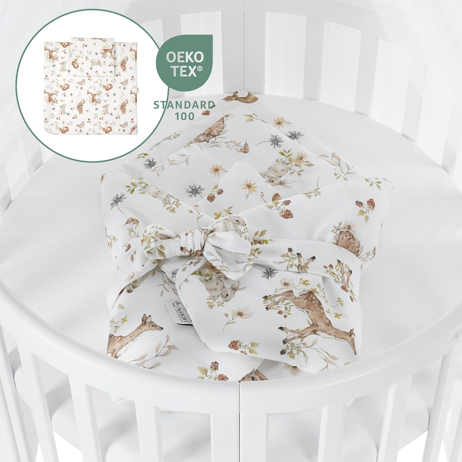 Waldin Oval Baby-Bett Mitwachsend Komplett Set 7in1, Gitterbett, Kinderbett mit Matratze, Wickelkommode, Beistellbett, Holz Weiß