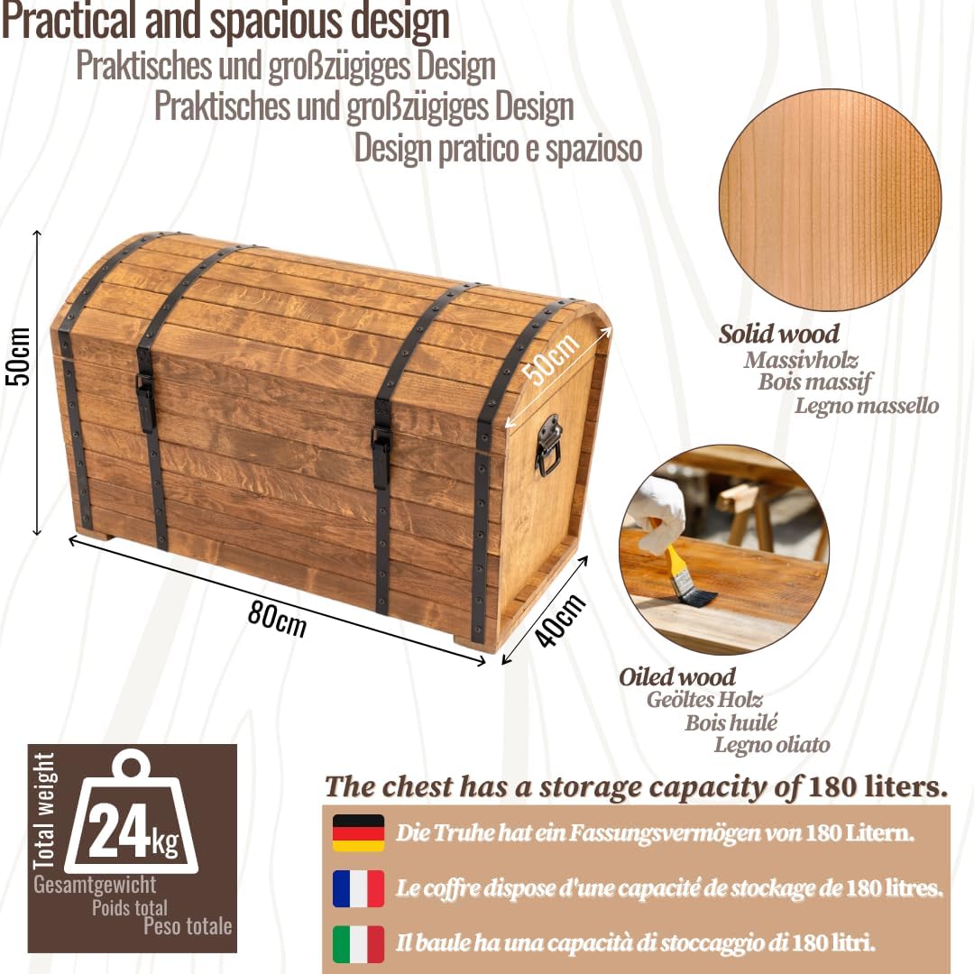 CREATIVE COOPER Holztruhe 180L – Klassischer Aufbewahrungskoffer aus geöltem Erlenholz – Vintage Design – Für Wohnzimmer, Terrasse & Garten – 80x50x50 cm