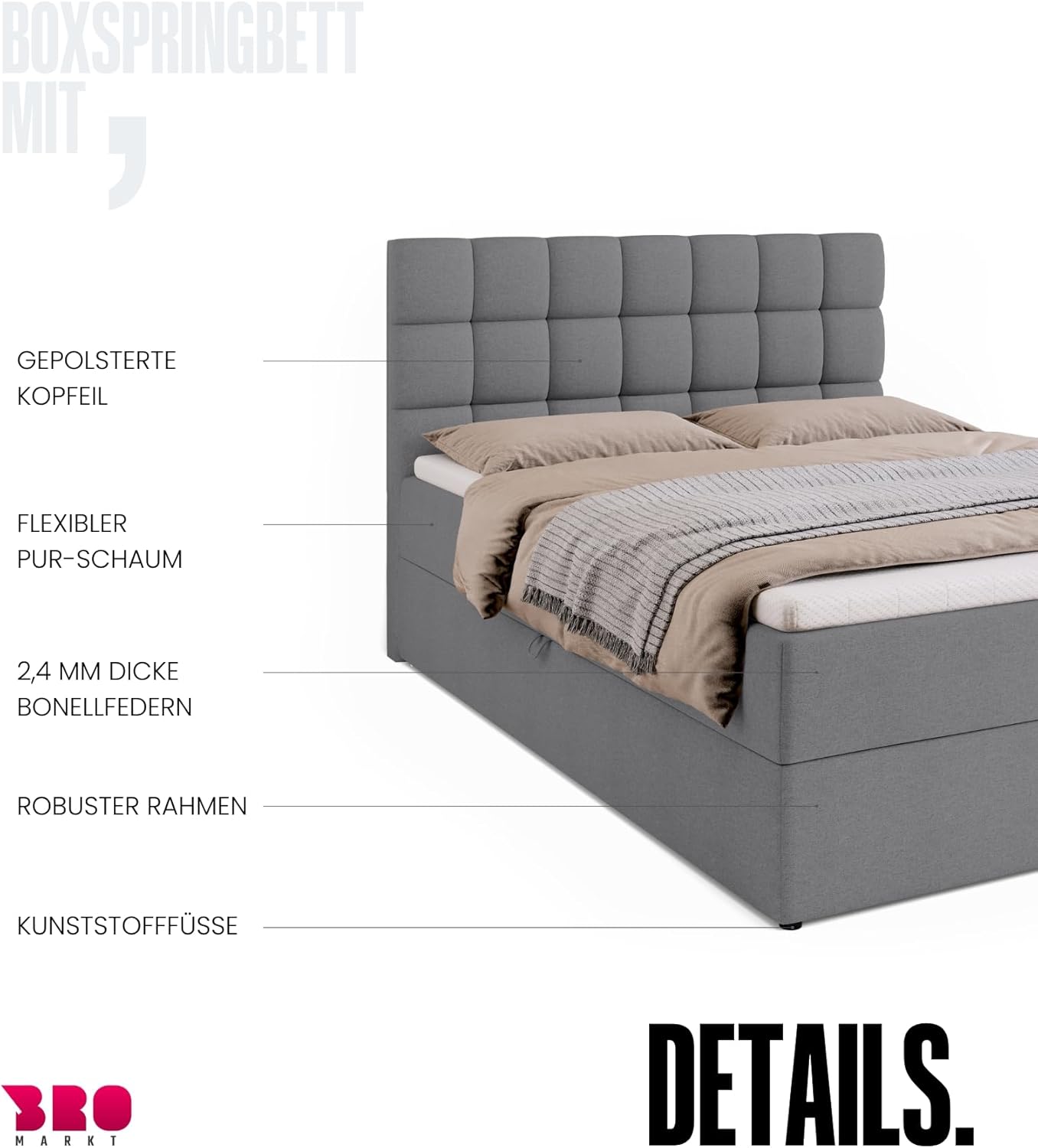 BROMARKT Boxspringbett mit Bettkasten Polsterbett mit Bonell-Matratze und Topper Bett für Schlafzimmer gepolstertes Kopfteil Dakota bonellfedern 140x200 Härtegrad H3 Grau Malmo