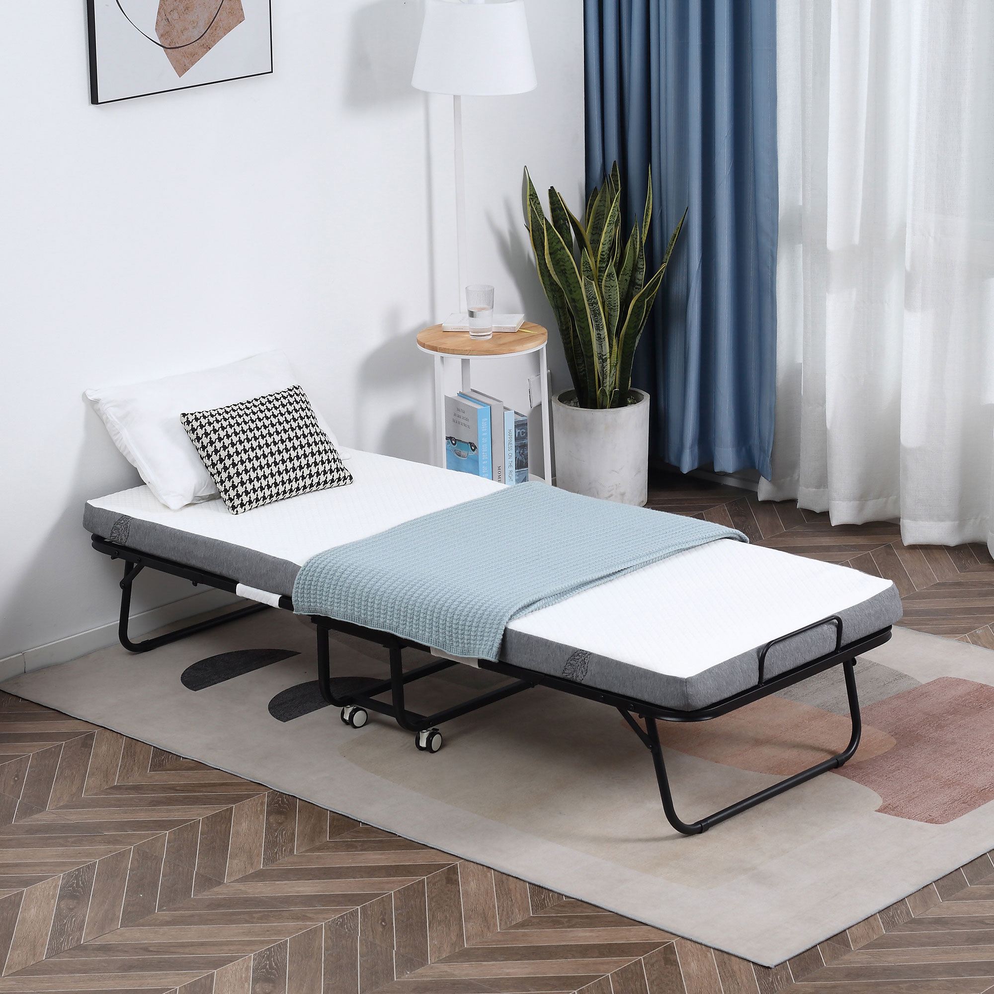 Opklapbaar bed 1 persoons met wielen verstelbaar, tot 150 kg, wit + zwart, 200 x 75 x 42,5 cm | Aosom.nl