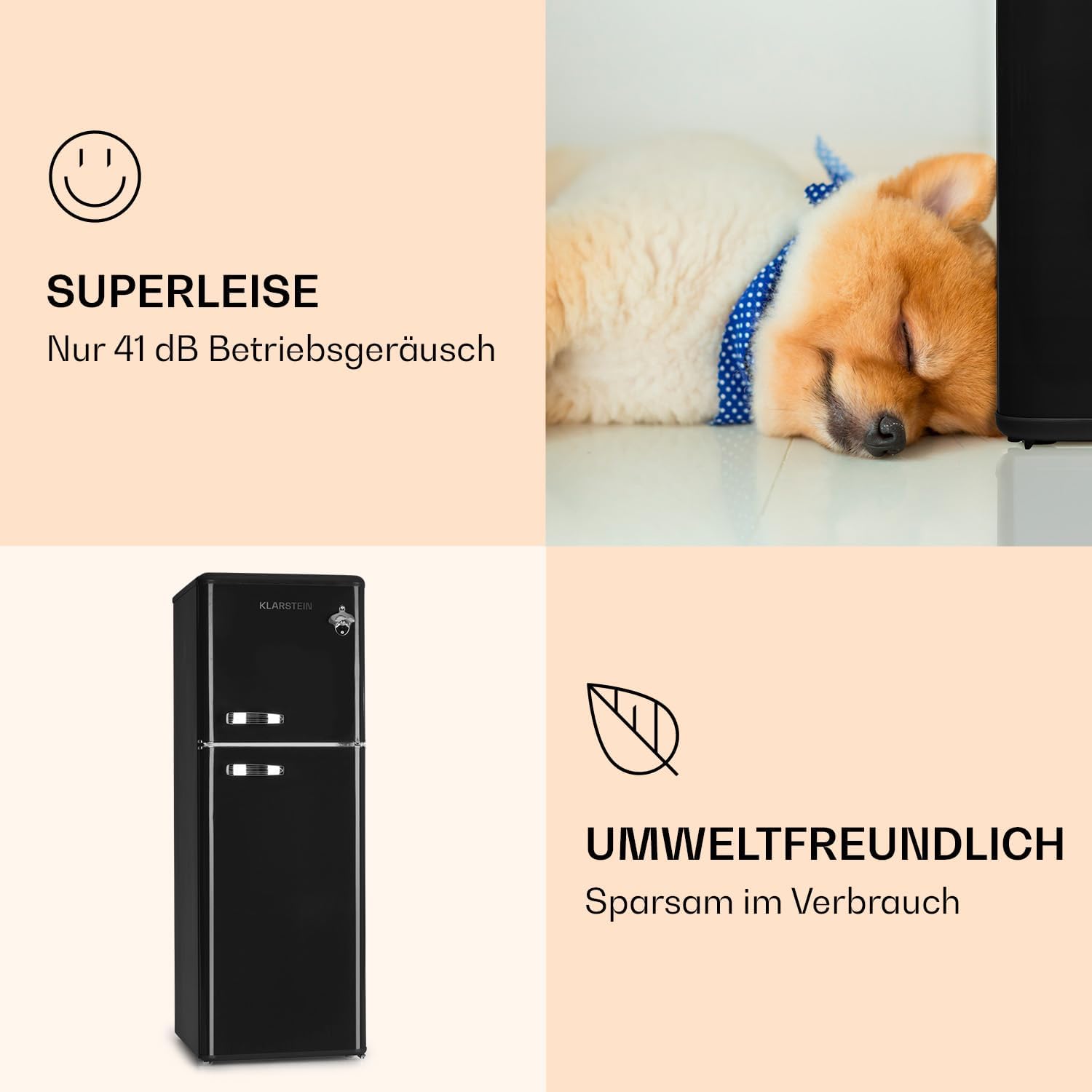 Klarstein Audrey Retro – Retro-Kühl-/Gefrierkombination, Kühl- und Gefrierschrank, Kühlschrank, stufenlos einstellbare Kühlleistung, Innenbeleuchtung, 41 dB Betriebsgeräusch, Schwarz