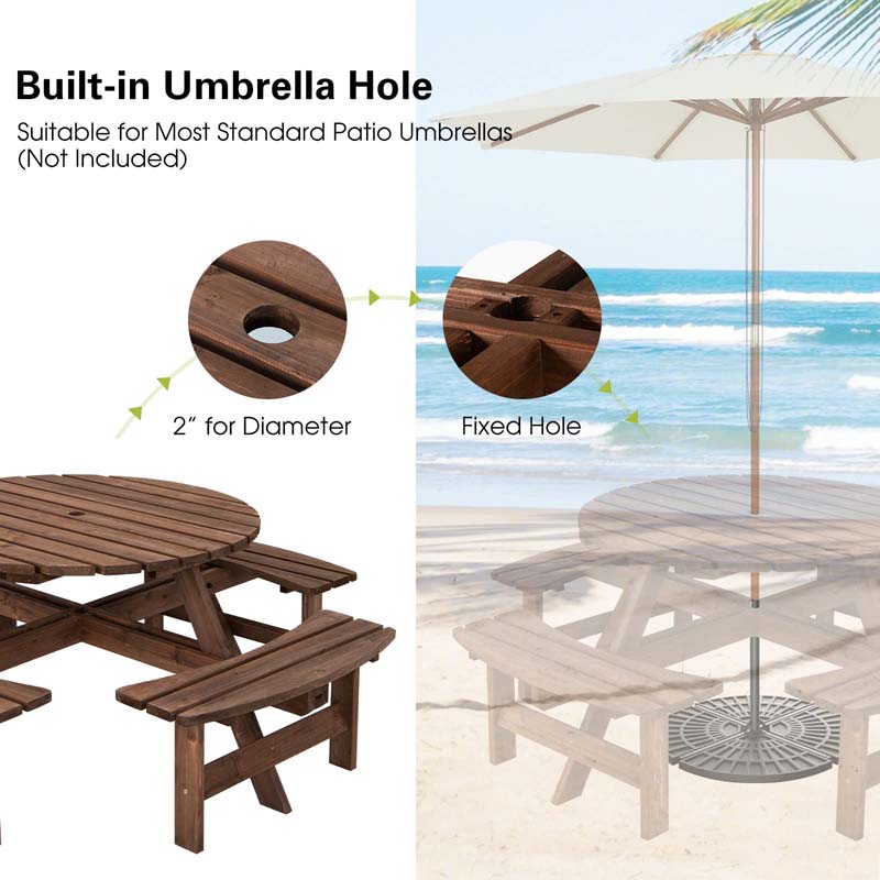 Eletriclife 8-Person Outdoor Wooden Round Picnic Dining Table Bench Set