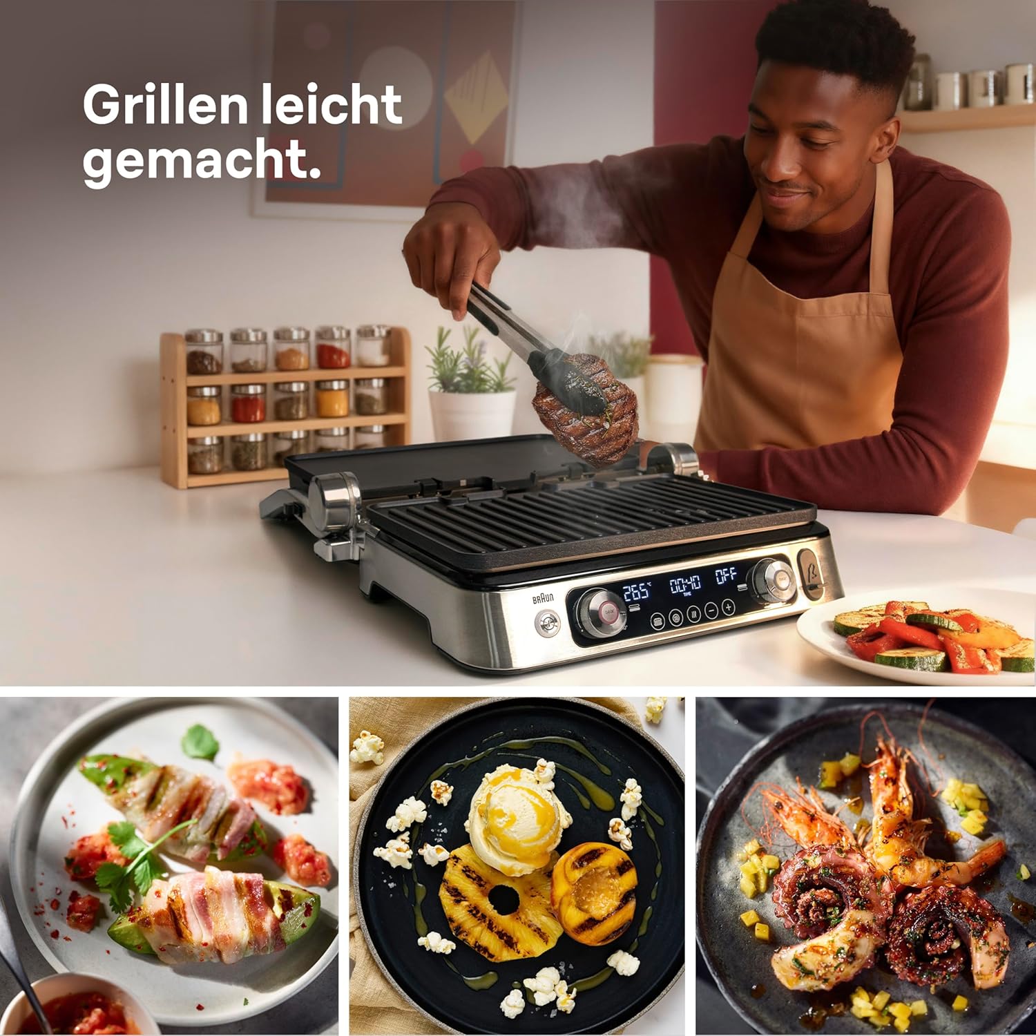 Braun MultiGrill 9 Pro CG 9167, Kontaktgrill mit Grill-, Flach-, Waffelplatten und Temperaturfühler, Grillpositionen: Kontakt, BBQ, Ofen, Spülmaschinenfeste Platten, Boost-Funktion bis 265°