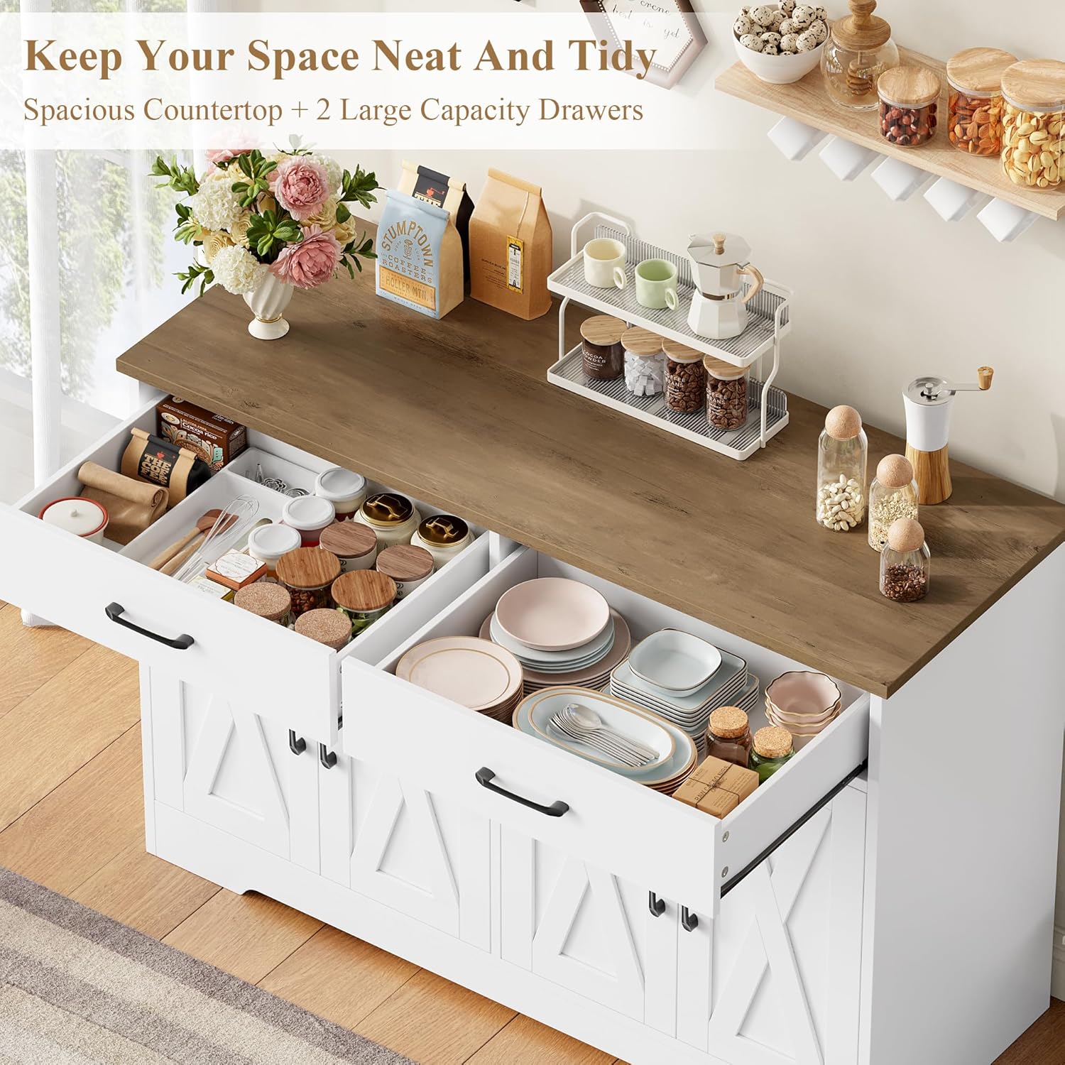 HOCSOK Sideboard, 120cm Breit Küchenschrank mit Arbeitsplatten, Küchenbuffet Aufbewahrungsschrank mit 2 Schubladen und 4 Türen Wohnzimmer, Küche, Flur, Weiß & Braun