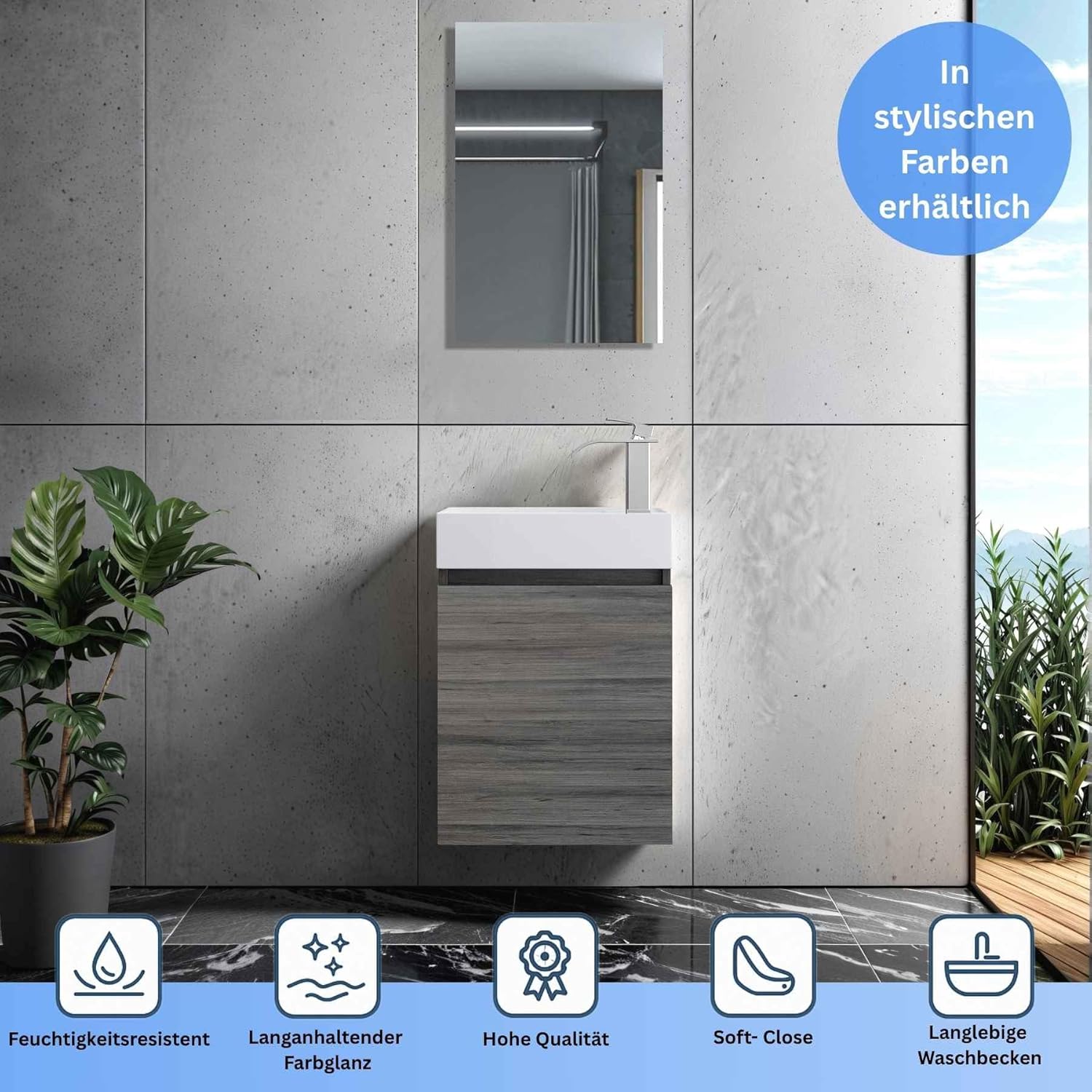 Faizee Home Badmöbel Set Grau – Waschbeckenunterschrank mit Keramik Waschbecken & Armatur – Kompakter Badezimmerschrank Badschrank ohne Spiegel für Gäste WC & kleine Bäder