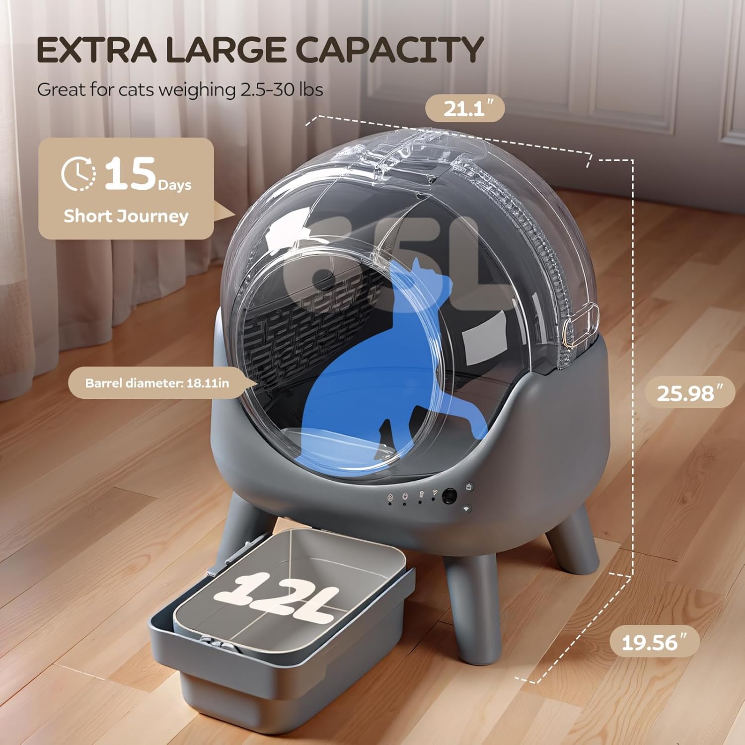 Self-Cleaning Cat Litter Box for Multiple Cats, App Controlled, Grey-Qx2