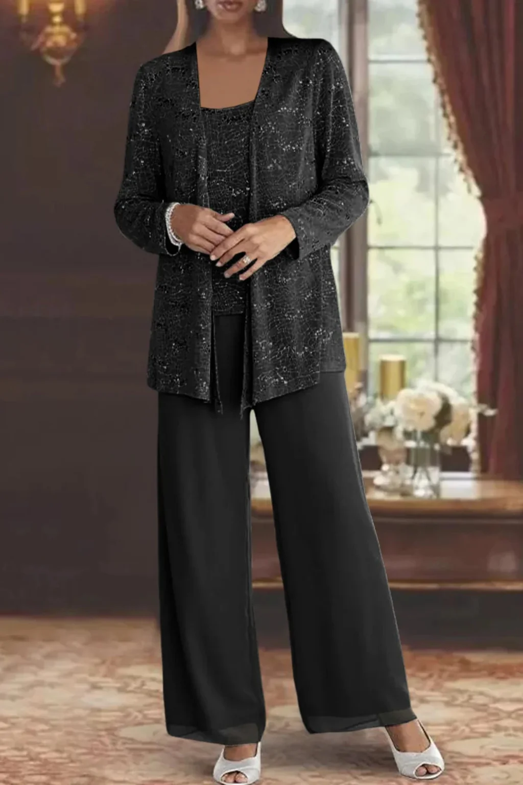 Damen Hosenanzug 3-teilig festlich | Set mit Pailletten-Spitzenjacke und weiter Hose | Elegantes Outfit f��r Hochzeitsg?ste