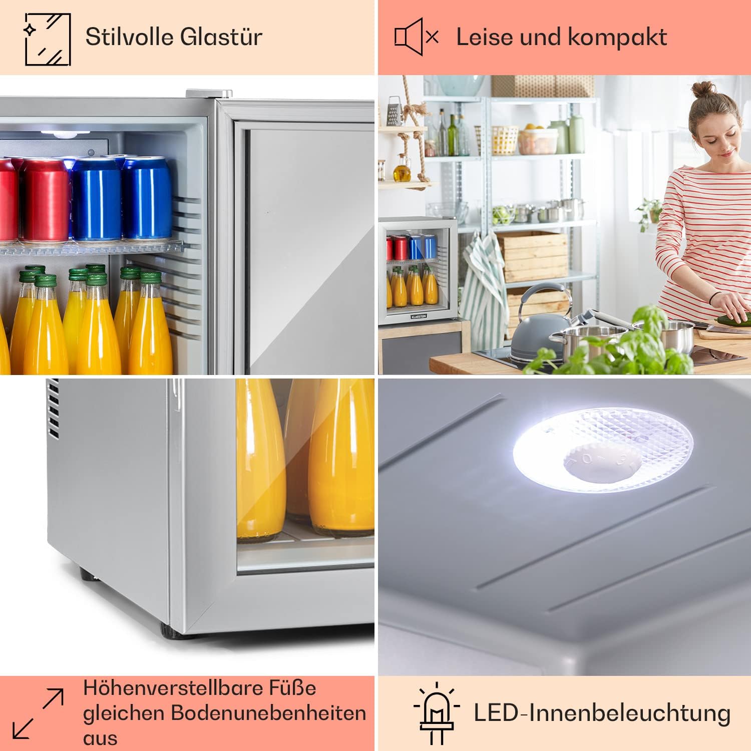 Klarstein Kühlschrank, Mini Kühlschrank mit Glastüre, Mini-Kühlschrank für Getränke, Snacks & Kosmetik, Kühlschrank Klein & Leise, Verstellbare Ablagen, Kleiner Skincare Kühlschrank 12-18°C, 32L