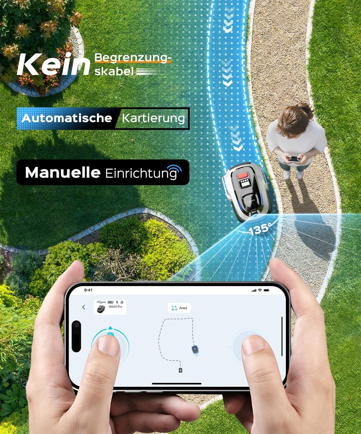 YARDCARE N1600Pro Mähroboter ohne Begrenzungskabel mit RTK- & KI-Vision-Navigation für Gärten bis 1600 m², U-förmiges Mähmuster & Multizonen-Management Hindernisvermeidung, App-Höhenverstellung
