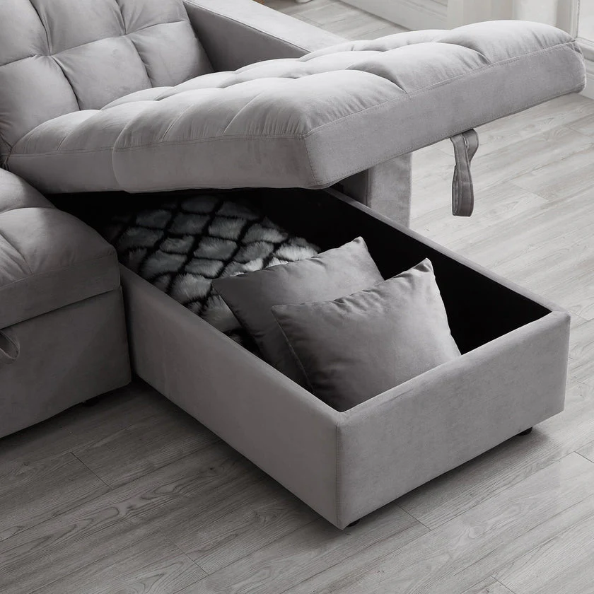 2025 Luxe Velvet Hoekbedbank met Kussen | Rechthoekige Chaise, Uittrekbaar Bed en Opbergruimte ?C SKU: BT2480B