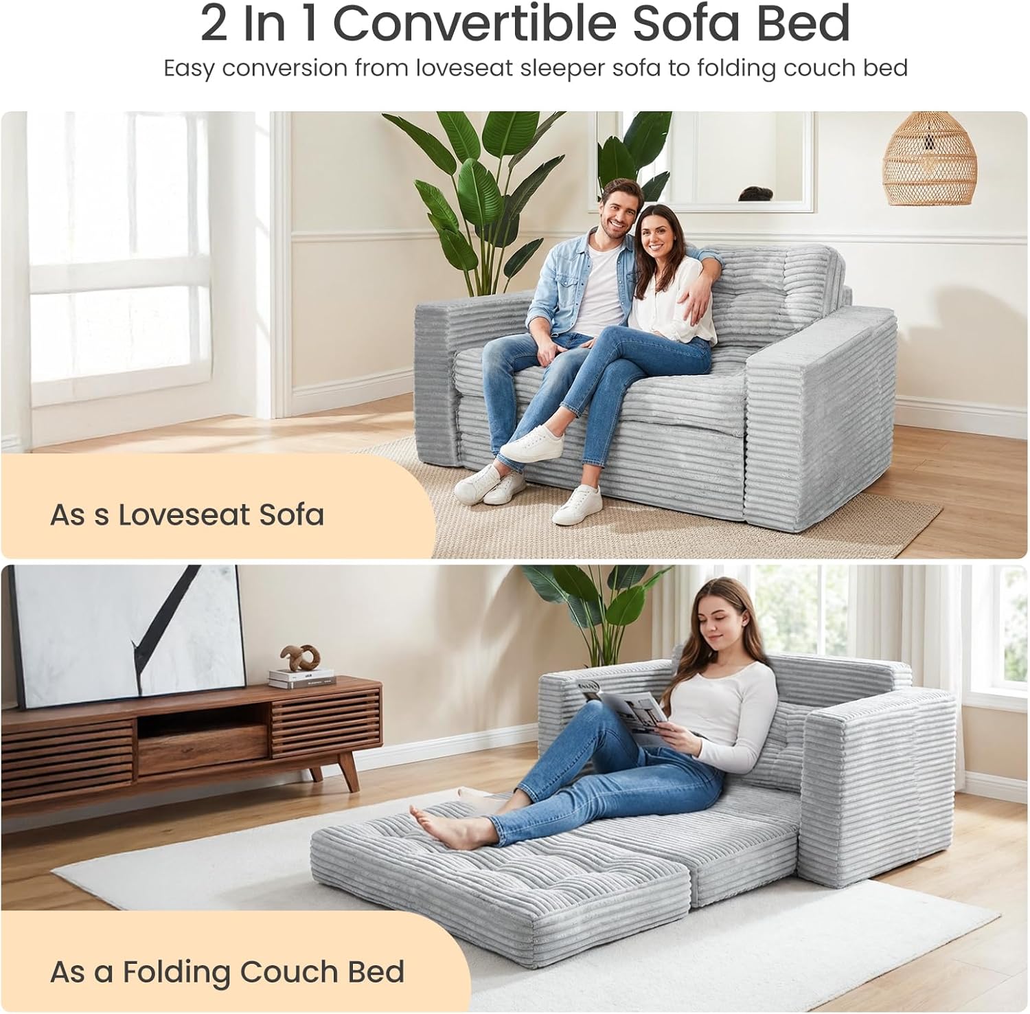 Bodensofa Schlafsofa Bed mit Pillow Back Support Armrest 140 cm Breit Klappbar Sofa 2-in-1 Design für Wohnzimmer, Schlafzimmer und Gästezimmer Grau
