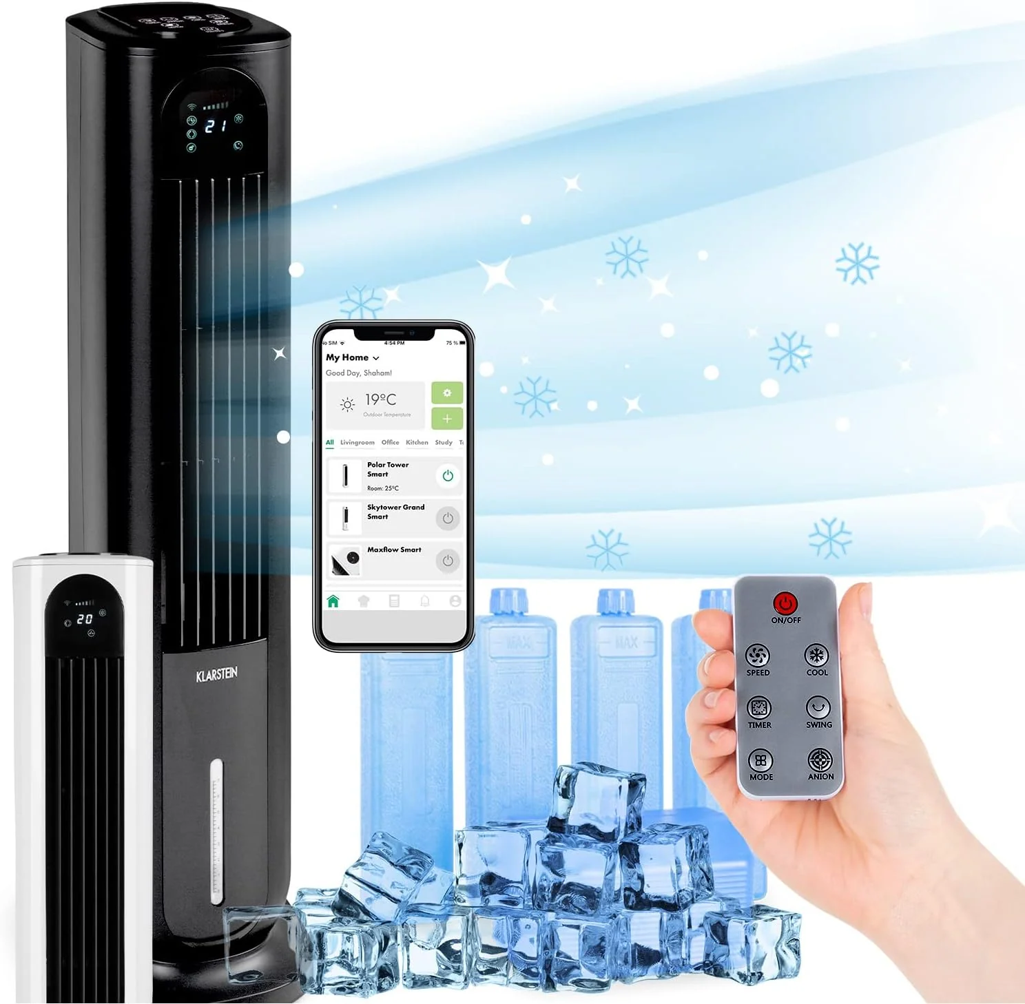 KLARSTEIN Polar Tower Smart Climatizador Evaporativo – 4 en 1: Ventilador, Humidificador & Purificador, Control App & Alexa, Depósito 7L, 3.306 m³/h, Modo Noche, Portátil con Ruedas, Negro