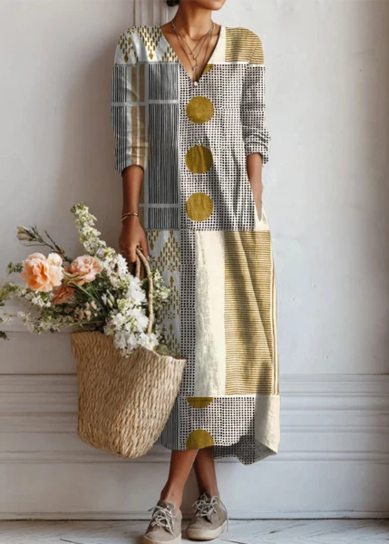 Damen Boho Leinenkleid mit abstraktem Print | Vintage Kleid Luftig & Leicht | Bequemes Freizeitkleid mit Taschen