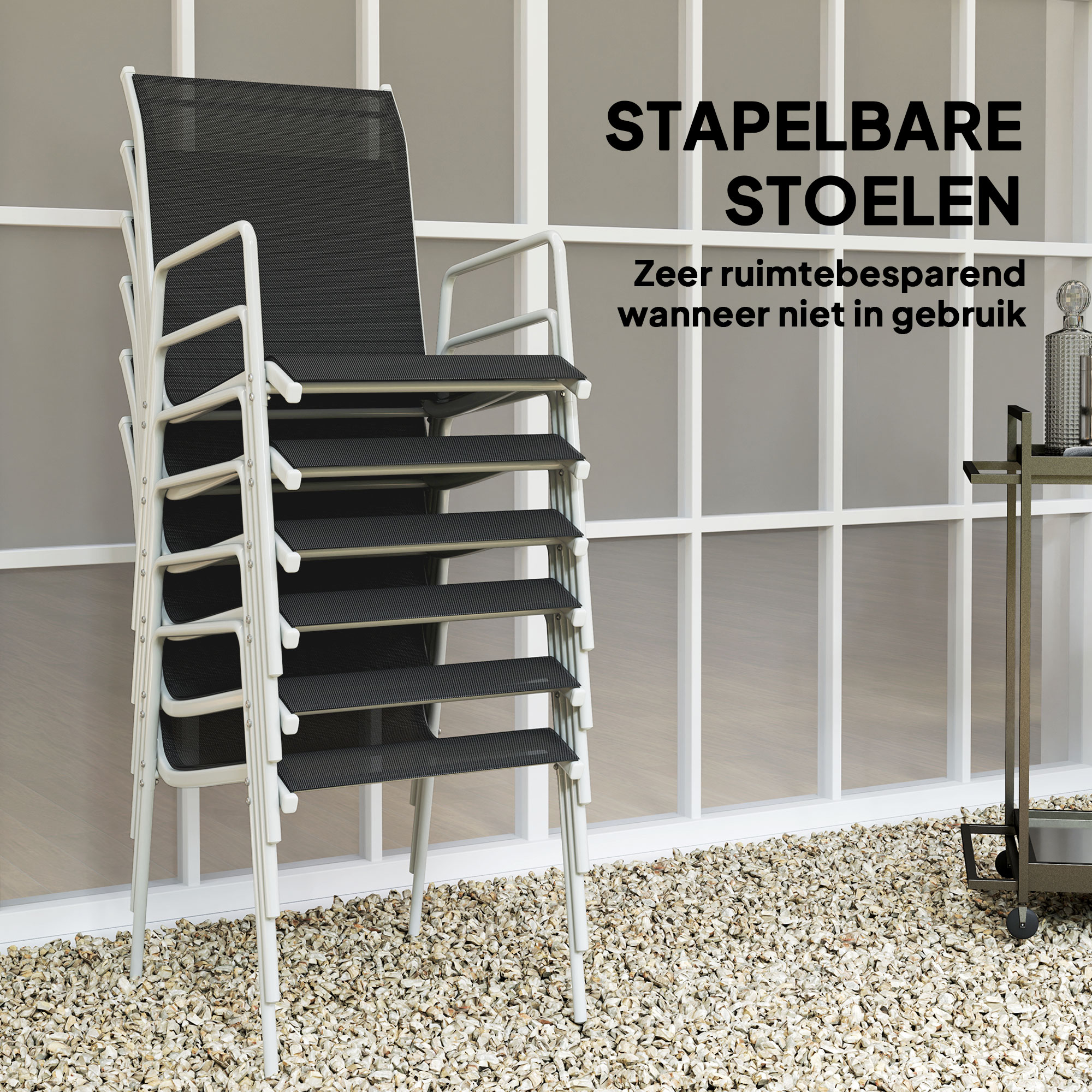 7-delige tuinmeubelset met eettafel en 6 stapelbare stoelen, Glastafel, Zwart