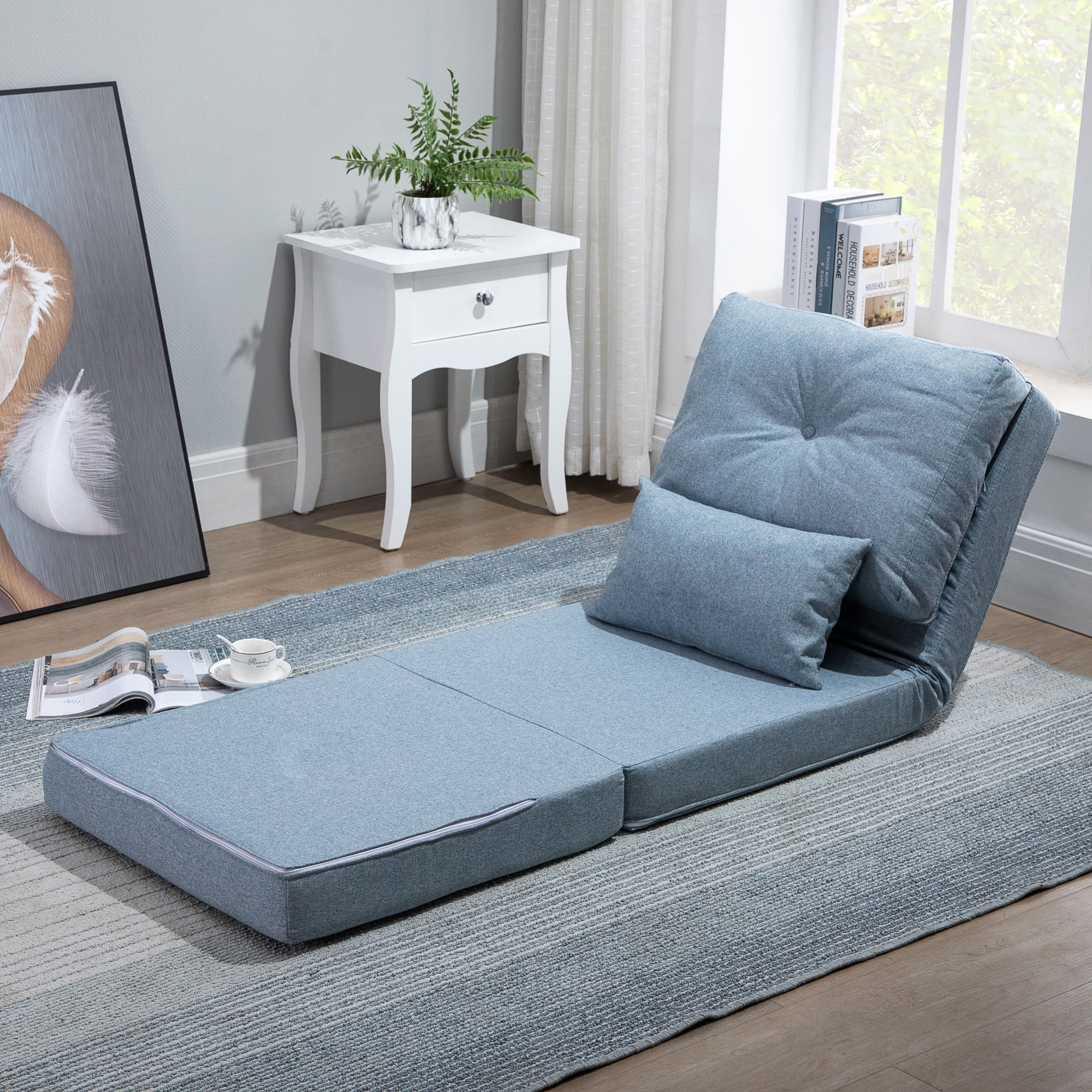 Vloerstoel Opvouwbaar Matras Slaapmat, 2-in-1 design, afneembaar kussen, 60 x 80 x 56 cm, Hemelsblauw