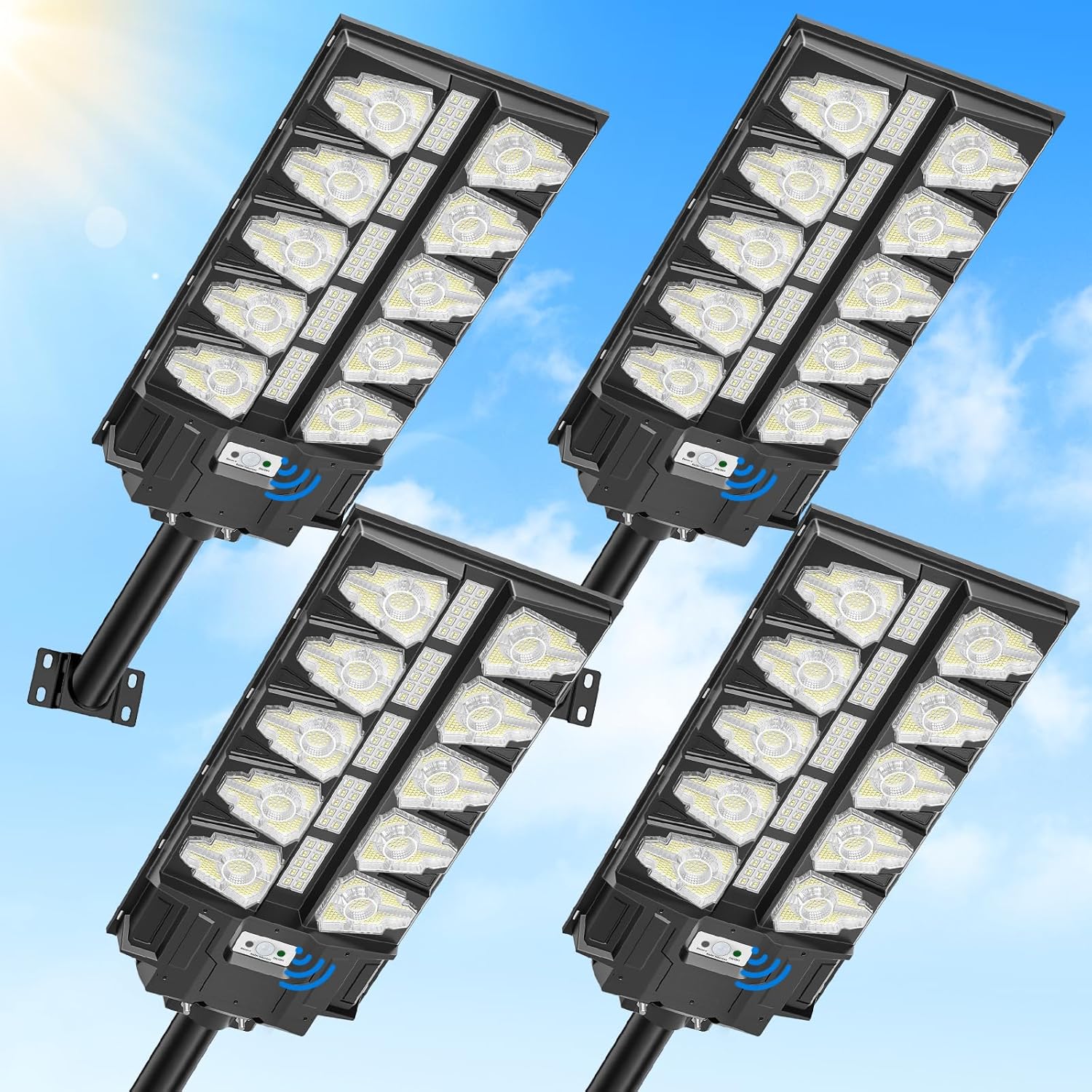 Sararoom LED Solar Straßenlaterne für Außen, 4er 2000W Solarlampen mit Bewegungsmelder Sensor, 6500K Wegeleuchte mit Fernbedienung, IP65 Wasserdichte Solarleuchten Strahler für Gärten Garage Parkplatz