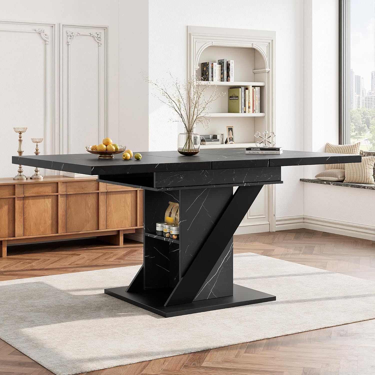 Esstisch Ausziehbar mit Stauraum Tischbeine für 4-6 Personen, Esszimmertische Küchentisch mit Unverwechselbare Muster, Esstisch Holz Esszimmertisch Ausziehbar, 110-140x80x75 cm, Schwarz