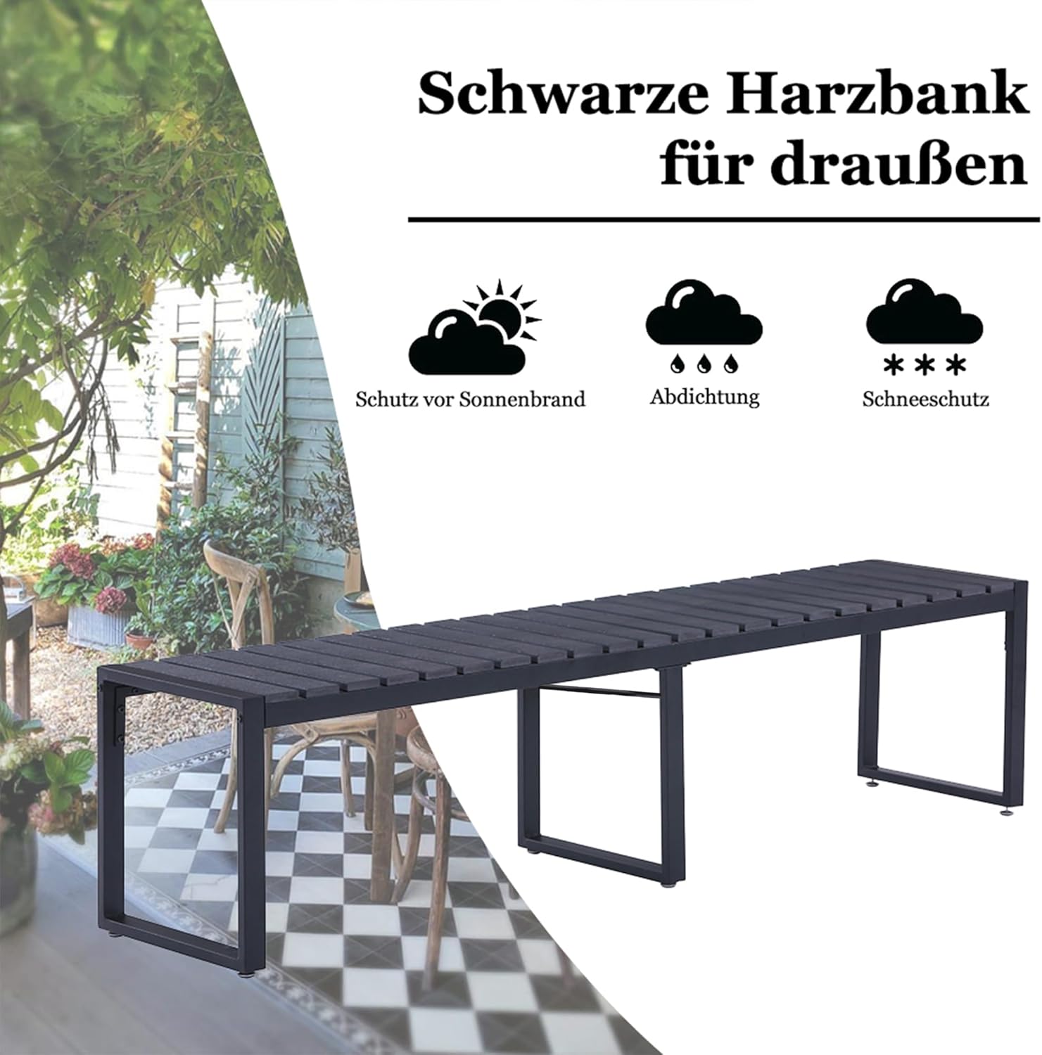 Mingone Outdoorbank für 3-4 Personen, witterungsbeständige Holz-Kunststoff-Verbundwerkstoffe (WPC), Gartenbank für Park und Terrasse, Schwarze Sitzbank ohne Rückenlehne, Belastbarkeit 250 kg
