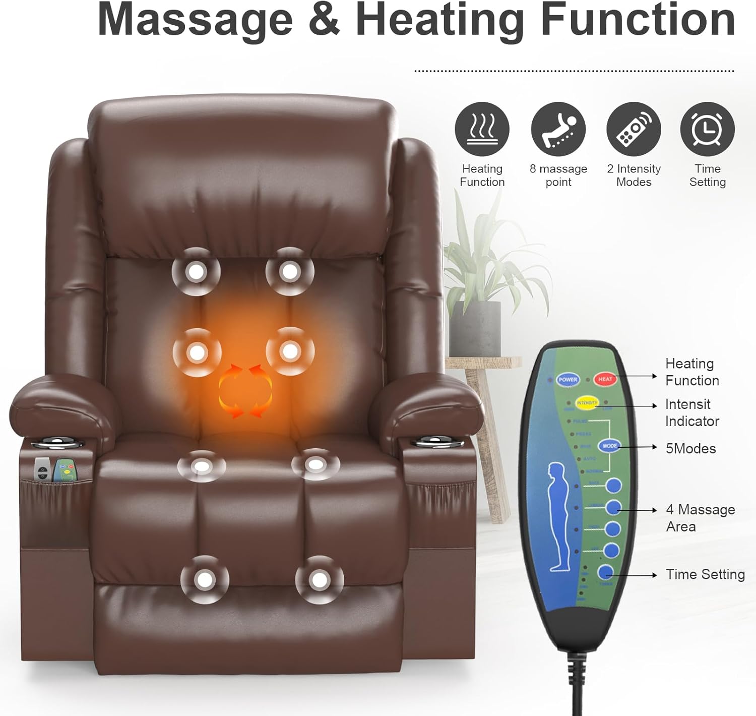 Fernsehsessel Massagesessel Elektrisch Relaxsessel mit Liegefunktion Aufstehhilfe, Massage Heizung, Fußteil, Getränkehalter 4 Seitentaschen,TYP C & USB-Anschlüsse Leder Sessel