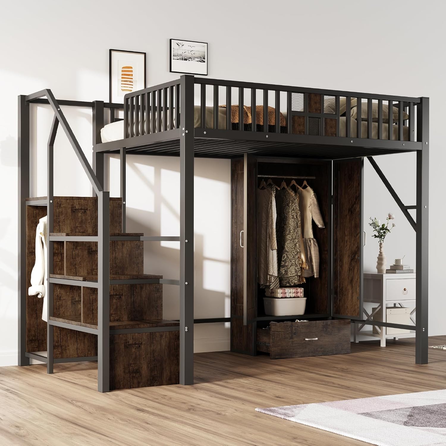Merax Hochbett aus Metall, 140 x 200 cm, mit Drahtgitter, integriertem Schrank, Schubladen und Aufbewahrungsleiter, platzsparendes Kinderbett, modern und robust, schwarz (ohne Matratze)