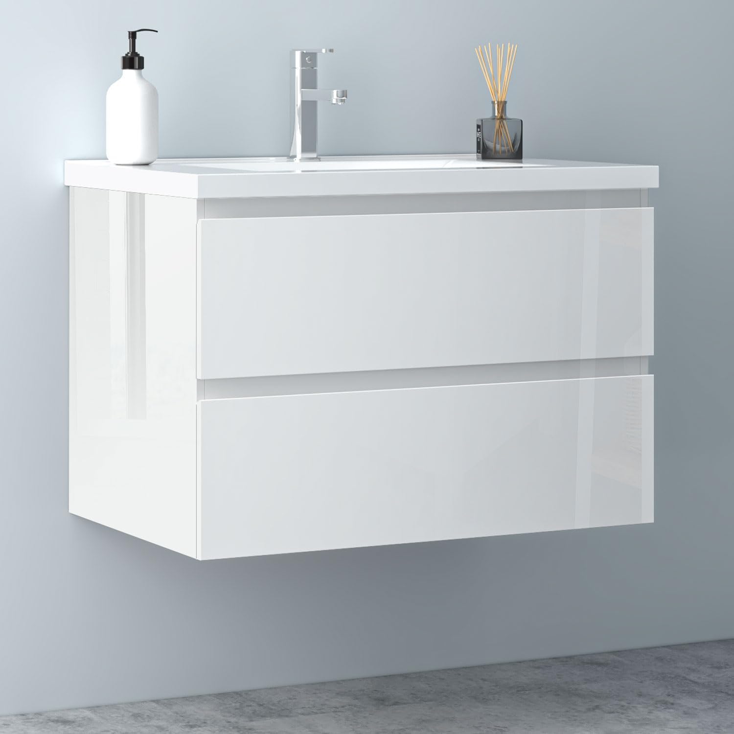Badezimmermöbel 80cm Keramik Waschtisch mit Unterschrank Badmöbel Set Badezimmerschränke mit 2 Soft-Close Schubladen Hochglanz Weiß
