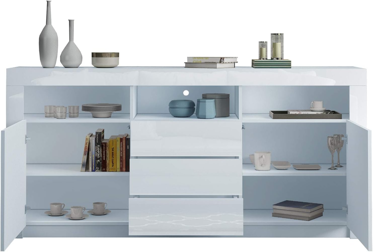 Moderner Sideboard Schrank Kommode in Front Hochglanz 2 Türen 3 Schubladen Esszimmer Küche Buffet Küchenschrank mit LED Streifen 160cm (Weiß)