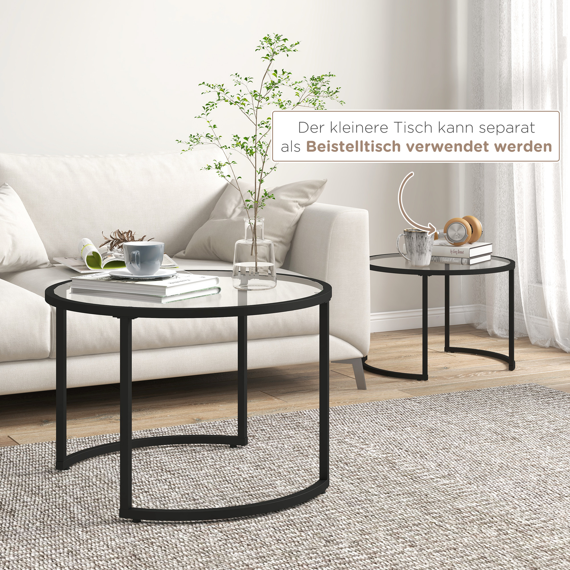 2-delige Bijzettafels Salontafels Industrieel Design, Glazen Tafels, stapelbaar, Zwart + Transparant