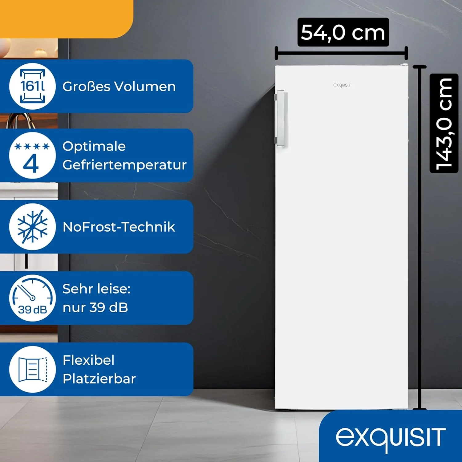 Exquisit Gefrierschrank NoFrost, Tiefk��hlschrank gro?, 161 Liter, Schnellgefrieren, Alarm-Funktion, GS5231-NF-H-040C weiss