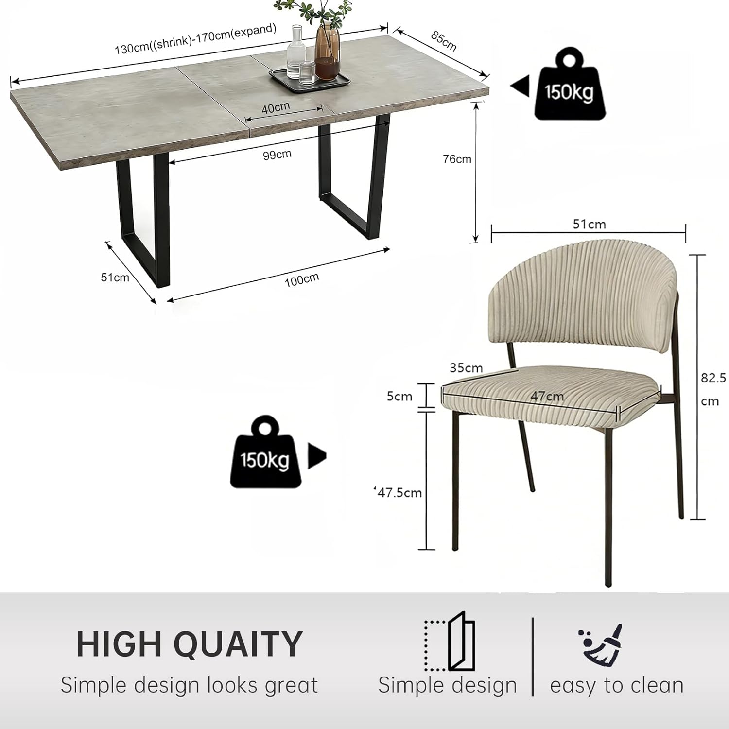 Juego de 6 mesas de Comedor Extensibles, 130 x 170 cm, 6 sillas Textiles, Tablero Rectangular de Madera DM de Cemento, Estilo Moderno y contemporáneo para Comedor y Cocina