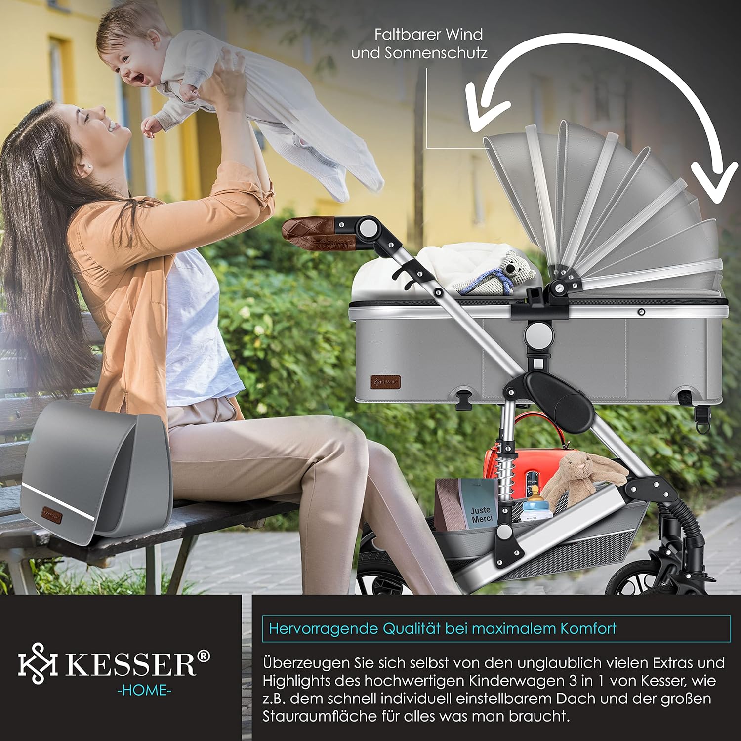 KESSER® Loops 3 in 1 Kinderwagen Kombikinderwagen Komplett-Set inkl. Babywanne & Buggy Sportsitz & Auto-Babyschale Voll-Gummireifen Wickeltasche Regenschutz Kindertisch ECE R129, Schwarz/Champagne