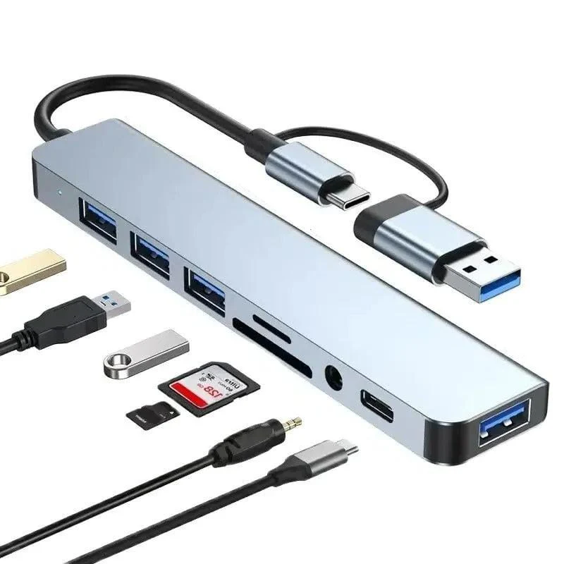 8-in-1 USB Hub with Card Reader USB-C Port, USB 3.0/2.0, SD/TF Slots