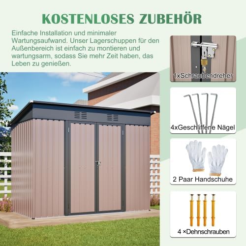 Geräteschuppen Metall 8 x 4 Fuß mit Fundament, Gerätehaus wetterfest als Fahrradgarage für 2-3 Fahrräder, Mülltonnenbox & Gartengerätehaus, verzinkter Stahlschuppen mit Schrägdach & Belüftung, Braun