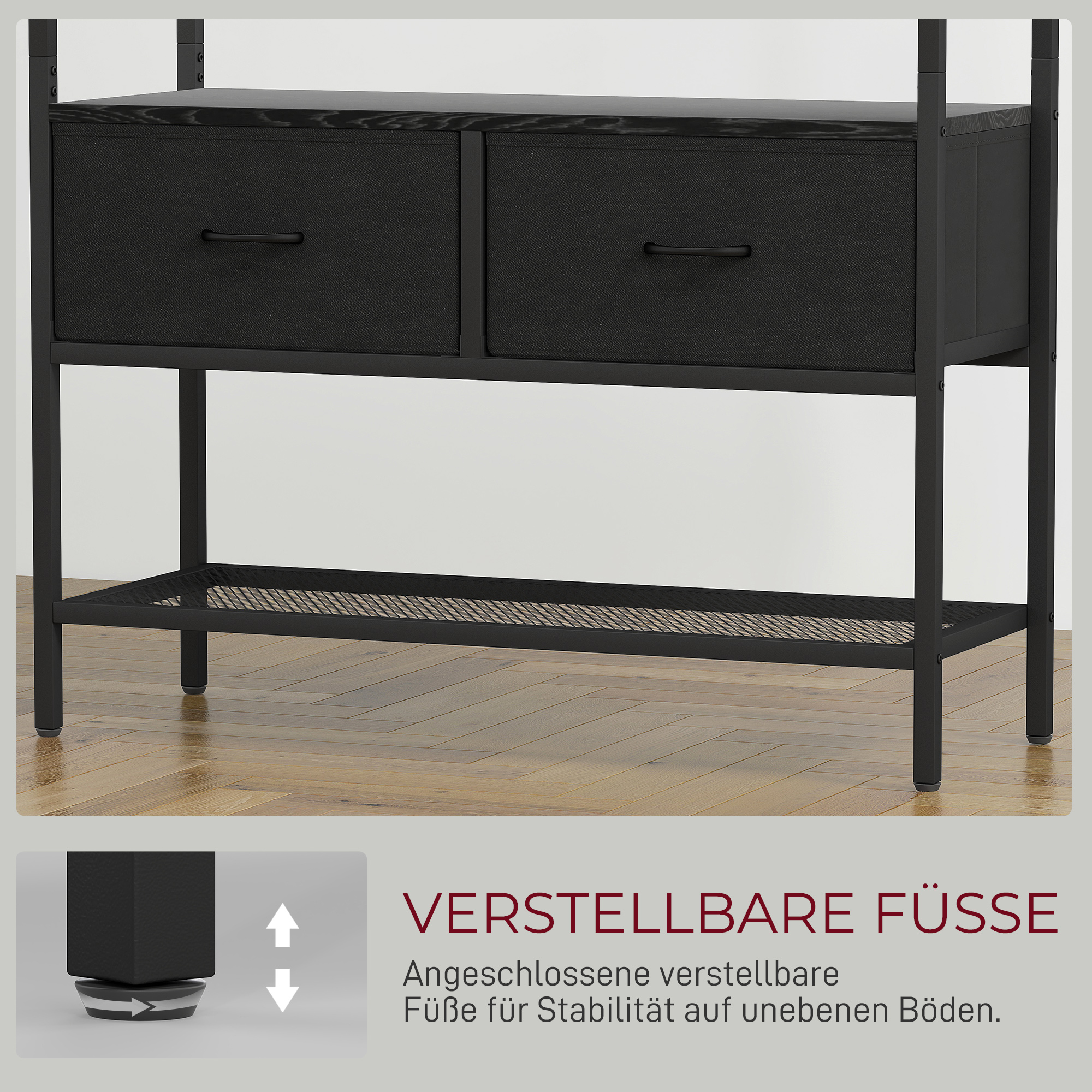 Kapstok met Schoenenrek in Industri?le Stijl, Kledingrek met 2 Stoffen Lades, 8 Haken, Metalen Frame, Zwart