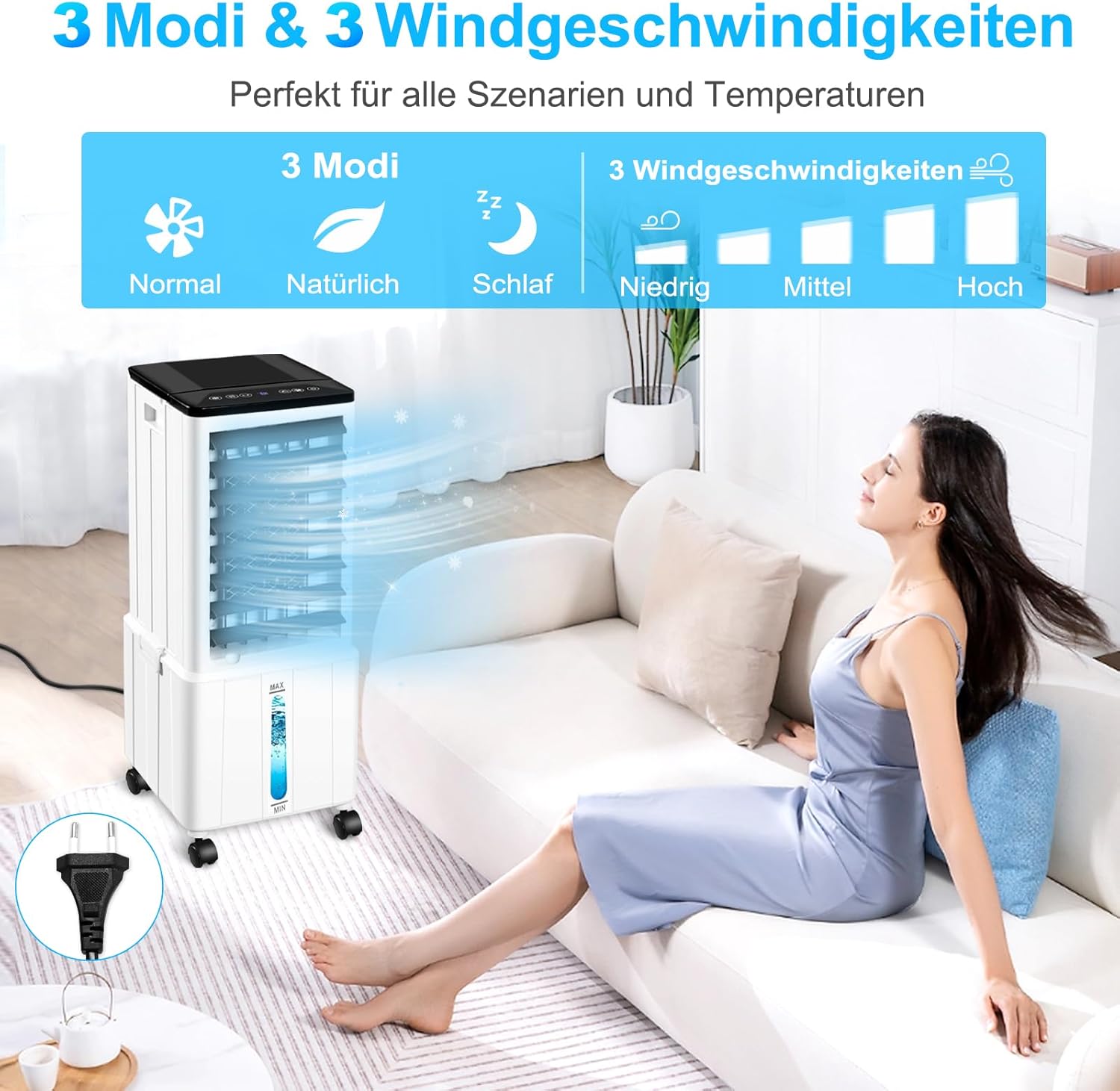 Klimagerät ohne Abluftschlauch, 12L 60W Klimaanlage Mobil mit 12H Timer, 3 Modus, 40dB, 120°Oszillation, Abnehmbare Wassertank, Fernbedienung, Leise Luftkühler Air Conditioner für Wohnung Zimmer Räume