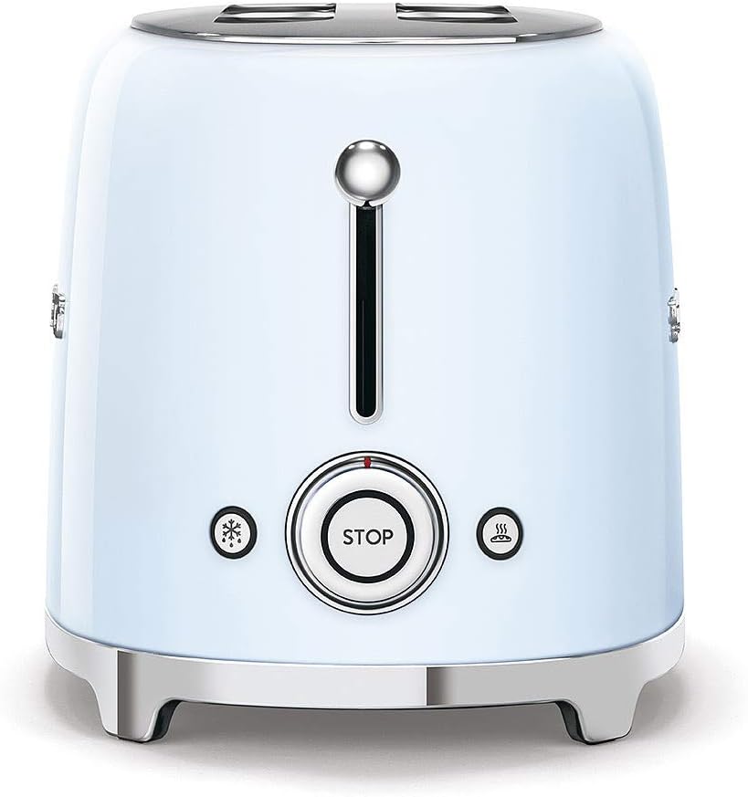 Smeg, 2x2 TSF01PBEU -Toaster, 2 Schlitze für 2 Scheiben, 6 Vergoldungsniveaus, Heizfunktion, Abtau- und Bagel- Funktion, Sammelschublade, 950W, Pastellblau