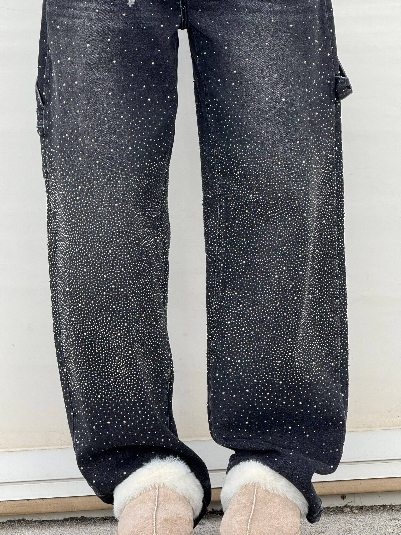 Damen Baggy Jeans mit Glitzer-Applikationen | Weite Wide Leg Denim Hose im Balloon-Schnitt | Bequeme Damenjeans aus Baumwolle