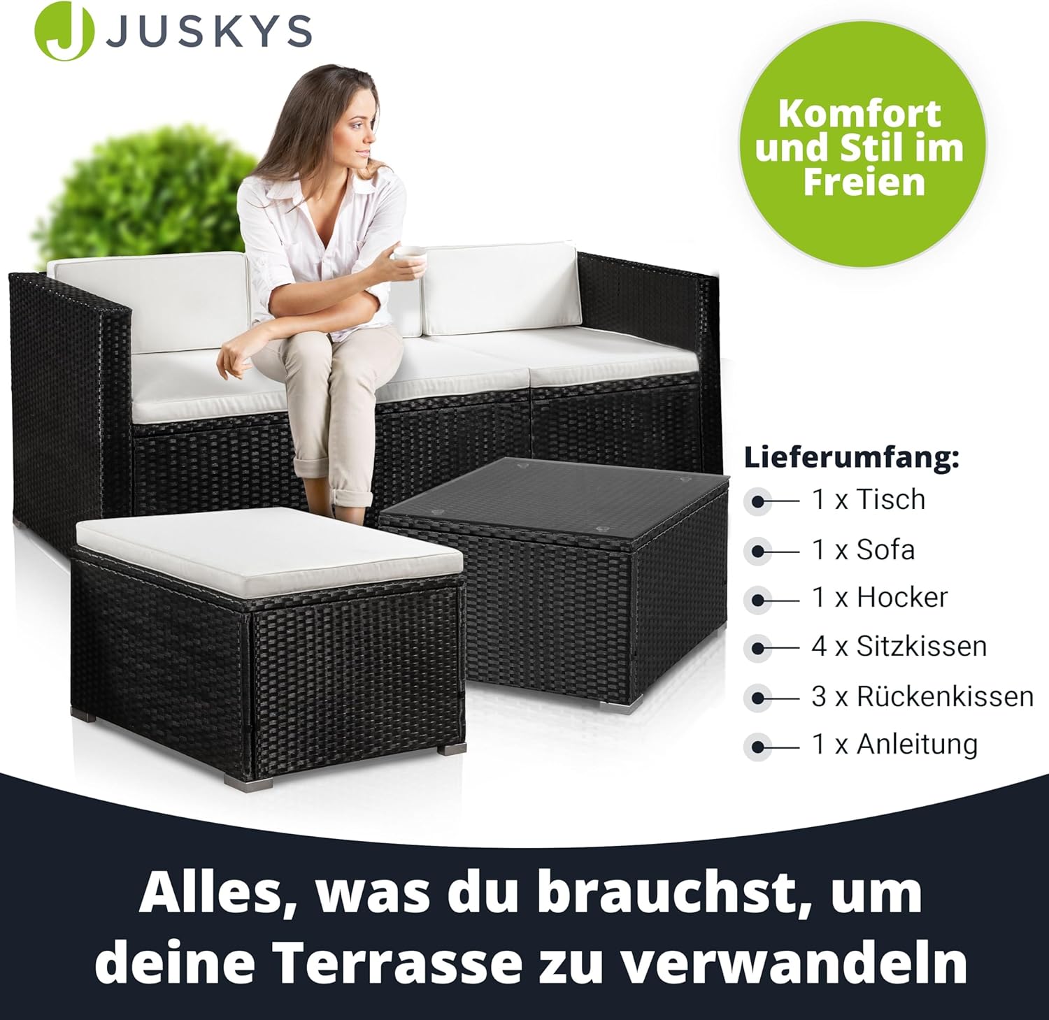 Juskys Polyrattan Lounge Punta Cana M für 3-4 Personen mit 3er Sofa, Sessel, Tisch & Kissen, Sitzgruppe für Garten, Terrasse und Balkon, Gartenmöbel Set wetterfest - schwarz/Creme