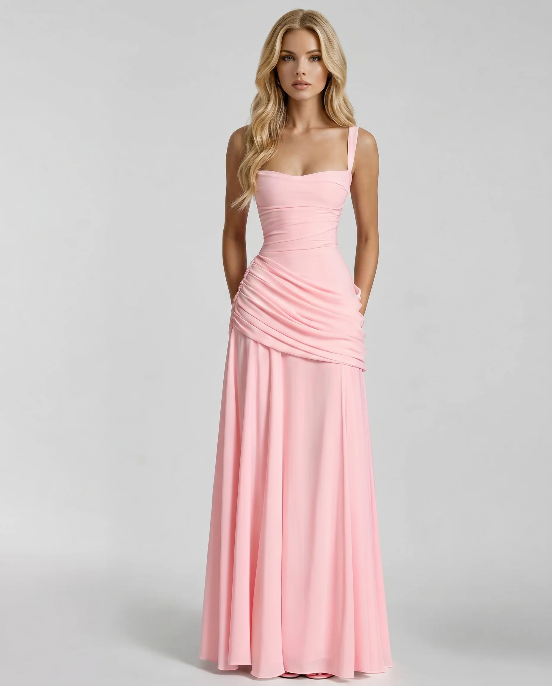 Elegantes Maxikleid mit Raffung und Spaghettitr?gern | Festliches Abendkleid mit Carr��-Ausschnitt und drapiertem Rock