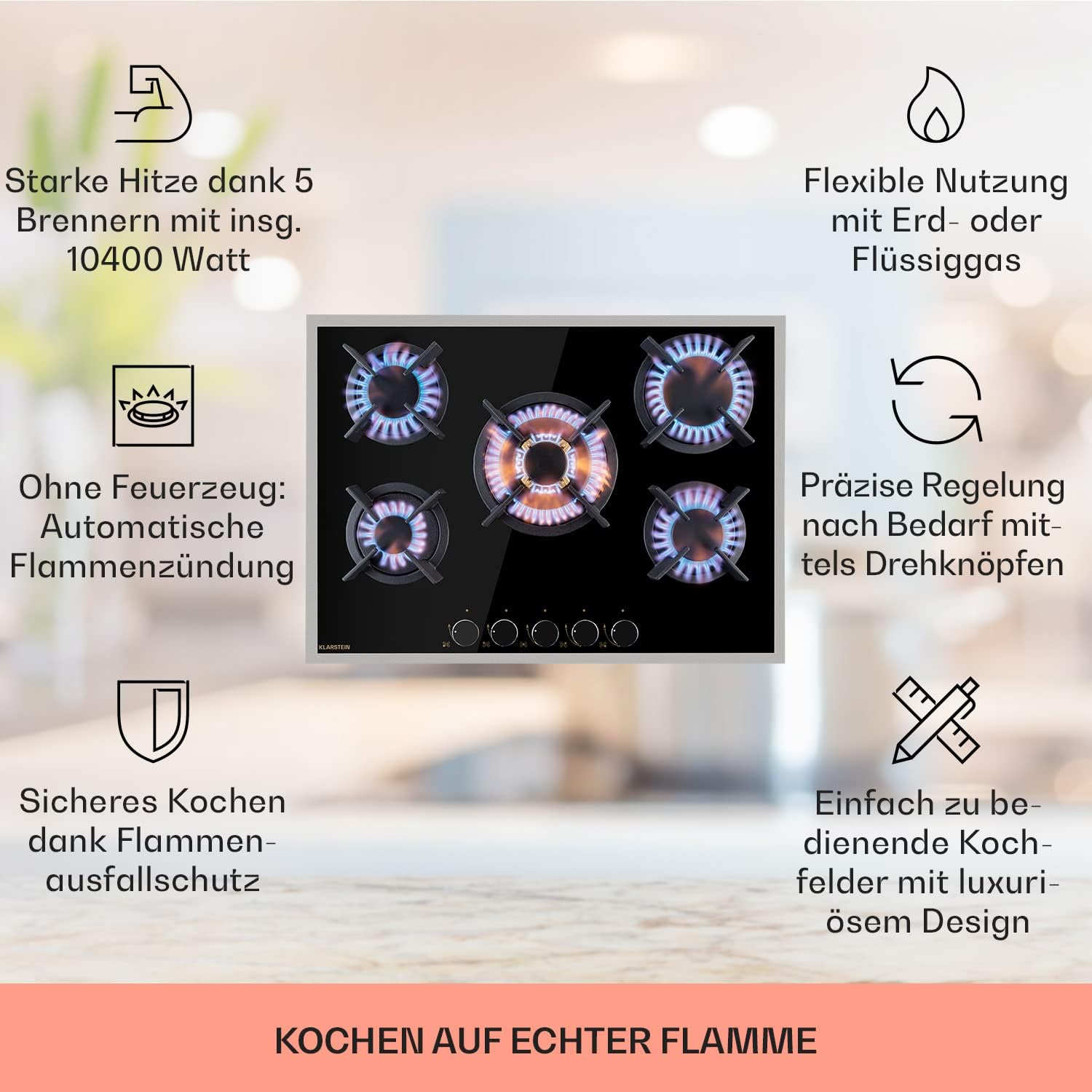 Klarstein Gasherd, Gaskochfeld 5 Flammen, Einbau-Gaskocher für Zuhause & Wohnmobil, Campingkocher mit Glasplatte, Gasherd für Propan- und Erdgas, Edelstahl Gas-Herdplatte Wok Brenner 10400 Watt