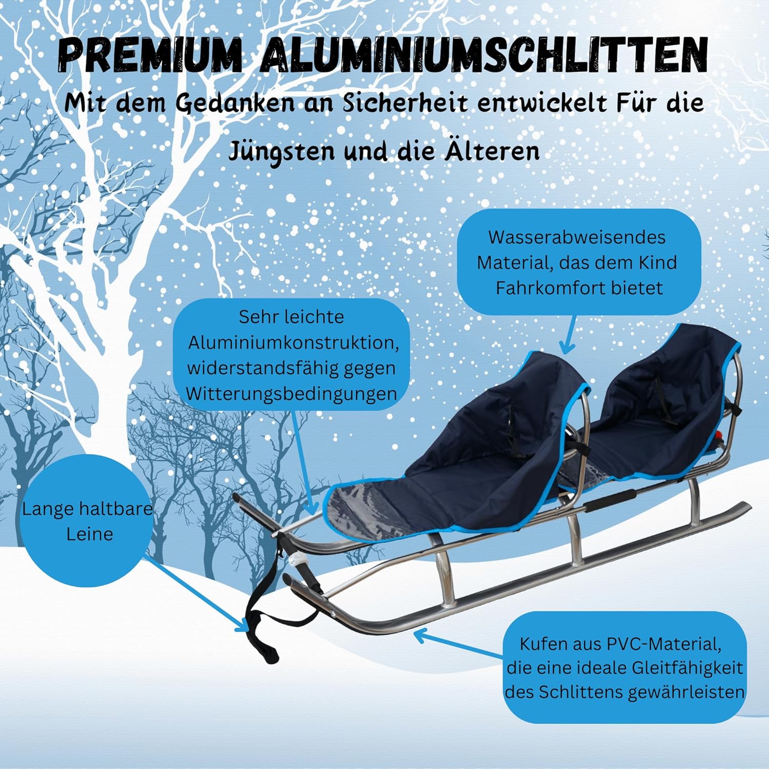 2in1 Kinder Duo Schlitten aus Aluminium mit Rückenlehne, Matrazen, LED für Kinder und Erwachsene 2 Personen Tragfähigkeit bis 100kg (Silver/Navy)