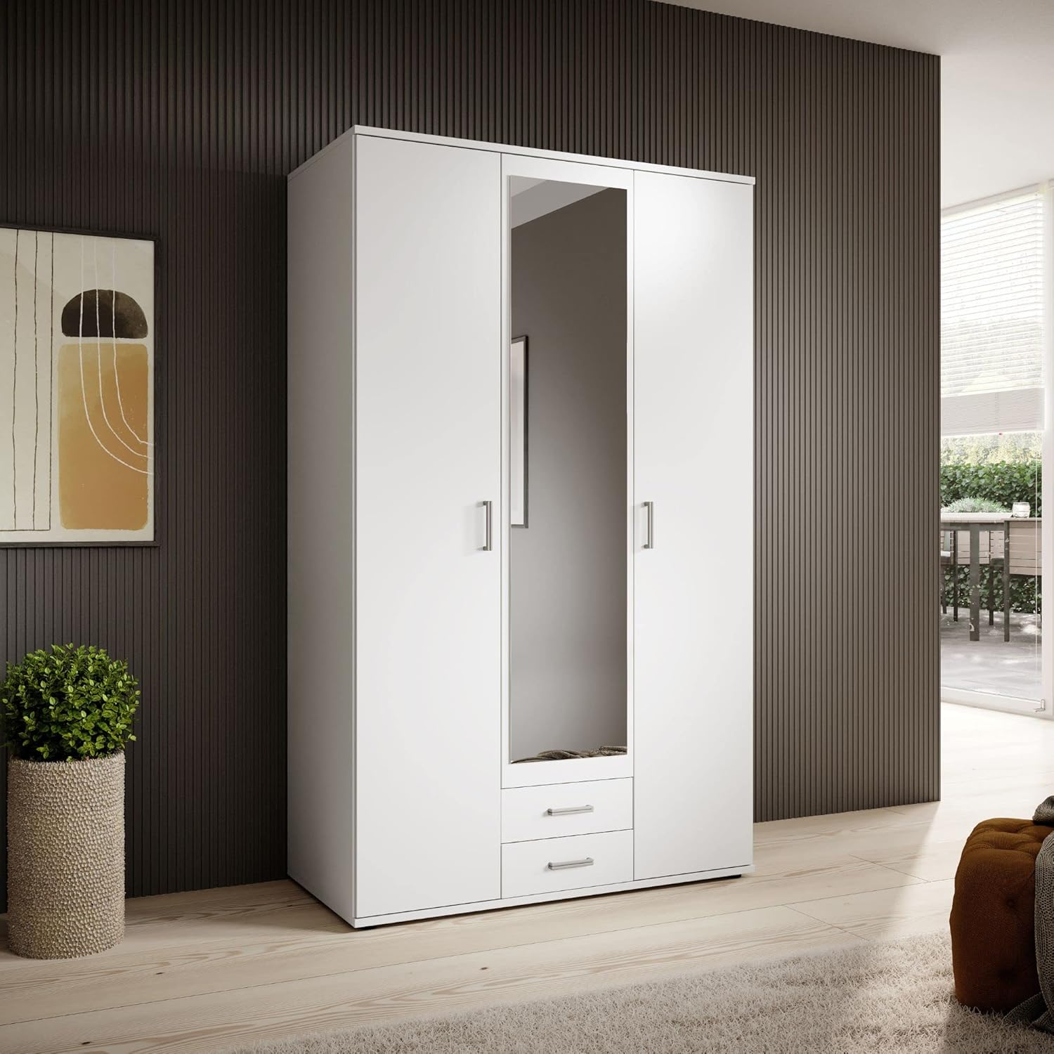 Stella Trading KARL Eleganter Kleiderschrank 3-türig mit viel Stauraum - Vielseitiger Drehtürenschrank in Weiß mit Spiegeltür - 120 x 195 x 55 cm (B/H/T)