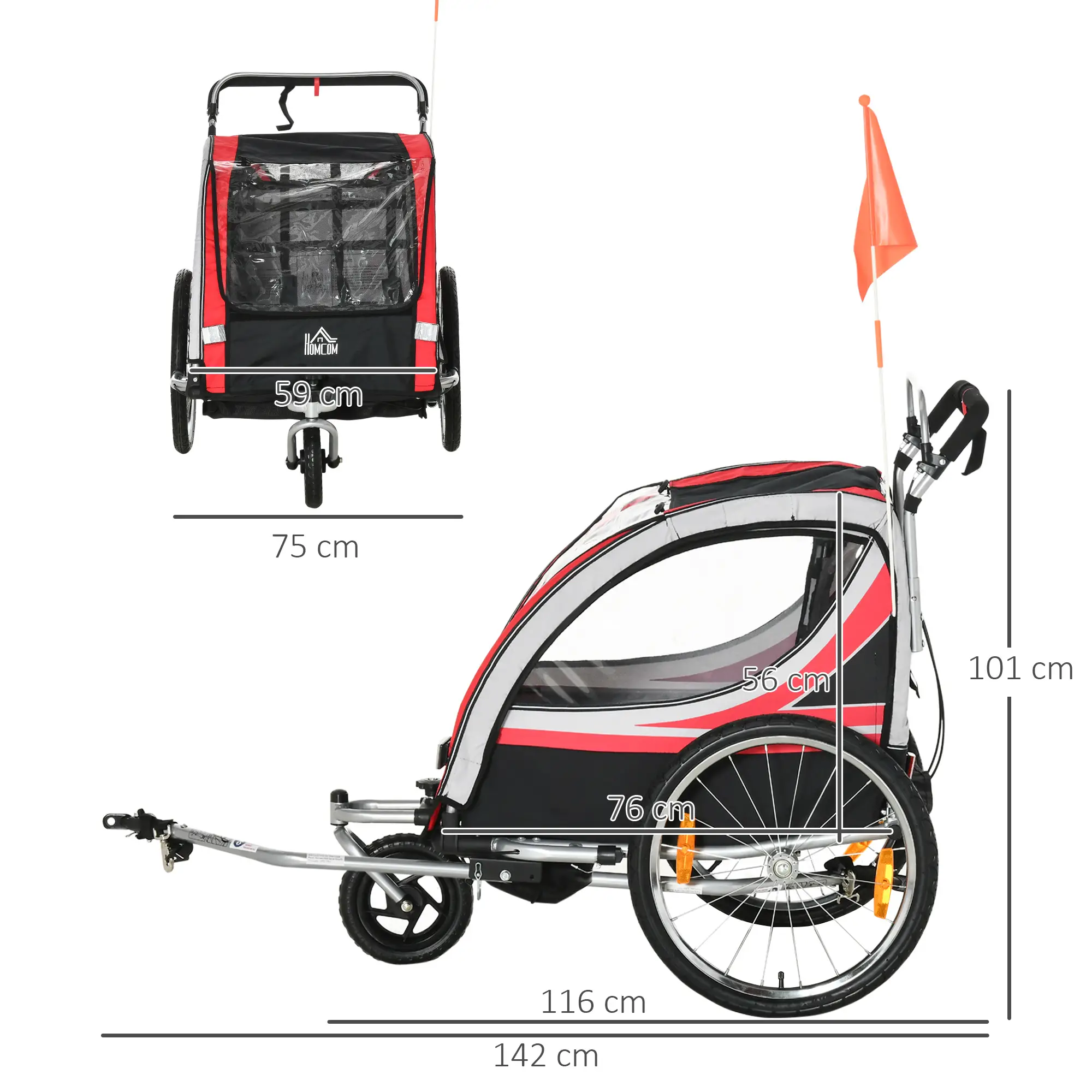 HOMCOM Kinderfietskar 2-in-1 Duwkar veilige rit rood