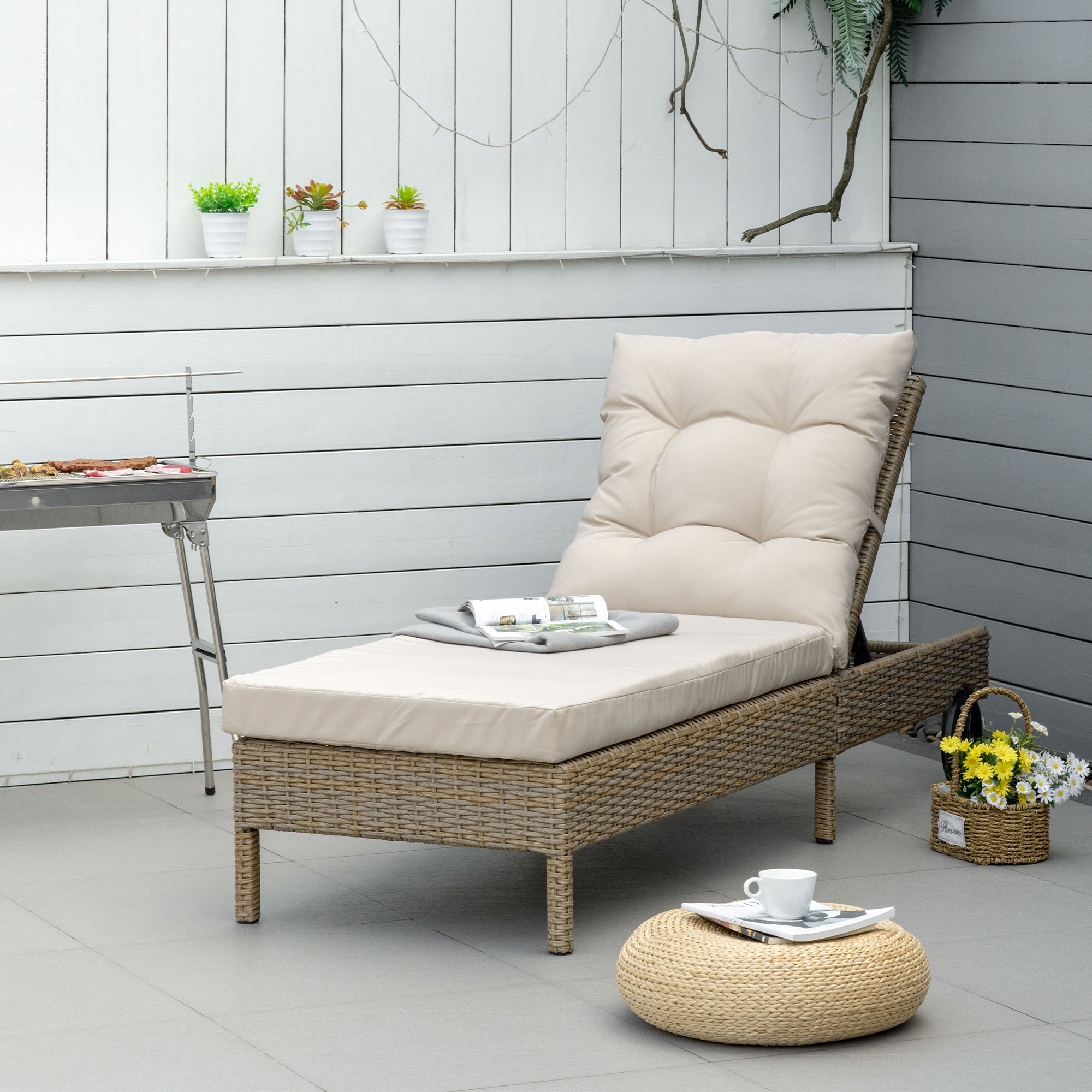 Outsunny ligbed rotan look naturel + kaki 200 x 66 x 92 cm